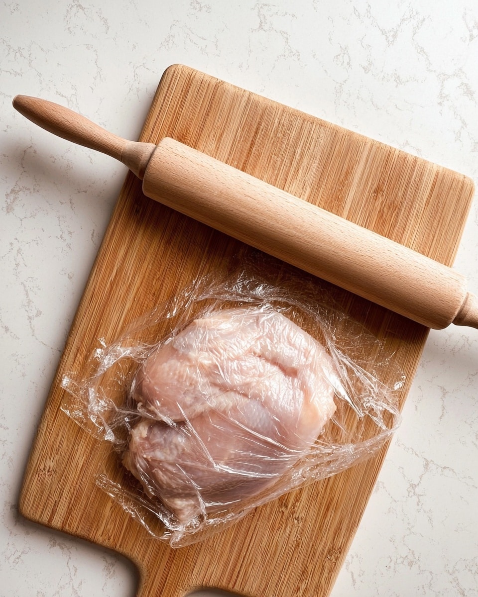 A piece of raw pale pink chicken is placed flat on a light brown wooden cutting board. The chicken is covered with a transparent plastic wrap that is slightly wrinkled and shiny. A smooth, light wooden rolling pin lies diagonally above the chicken on the cutting board. The cutting board is set on a white marbled surface with subtle grey veins. The overall scene shows preparation for flattening the chicken. photo taken with an iphone --ar 4:5 --v 7