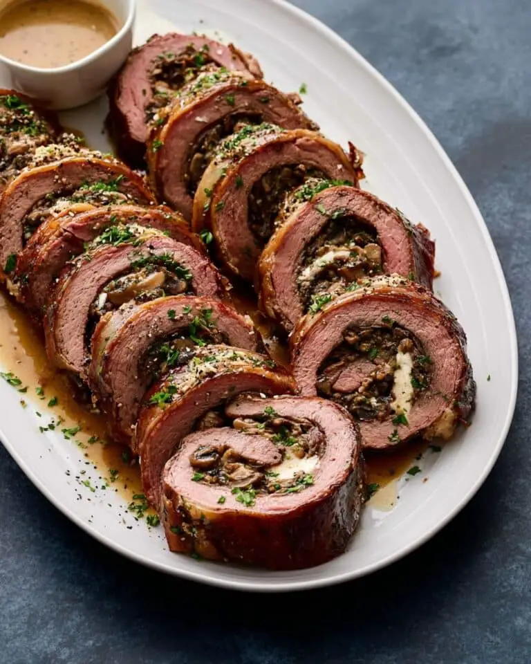 Creamy Mushroom and Provolone Stuffed Flank Steak Roll-Ups Recipe