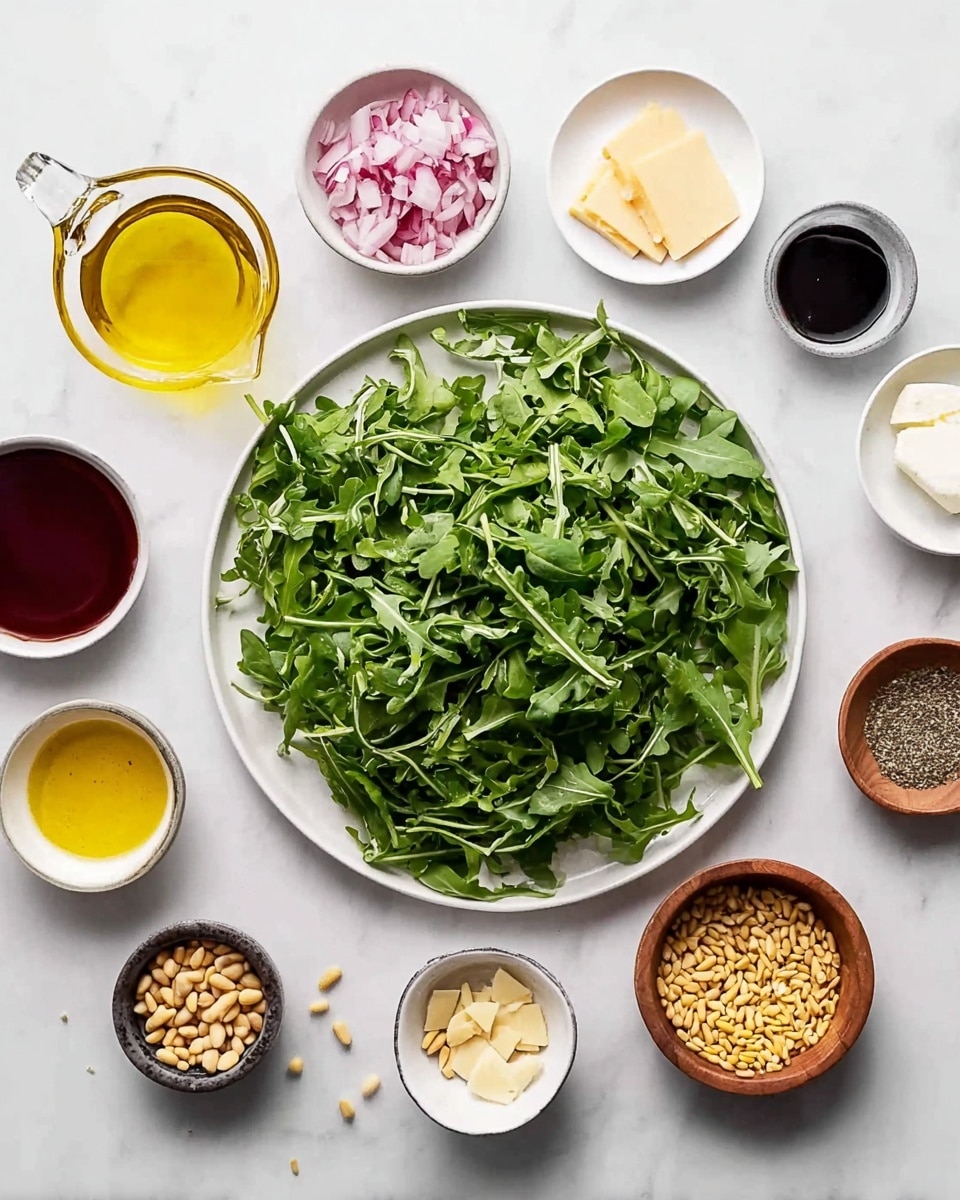 A white round plate filled with a large pile of fresh green arugula leaves sits in the center on a white marbled surface. Surrounding the plate are small white bowls and wooden bowls, each containing various ingredients: finely chopped light pink shallots, thin pale yellow cheese slices, a small bowl of dark red vinegar, a bowl of golden honey, a glass measuring cup filled with clear yellow olive oil, ground black pepper in a wooden bowl, white salt in a black bowl, yellow mustard powder in a small wooden bowl, and a bowl of pale pine nuts. All items are neatly arranged around the central plate in a top-down view, creating a balanced and clean composition. photo taken with an iphone --ar 4:5 --v 7