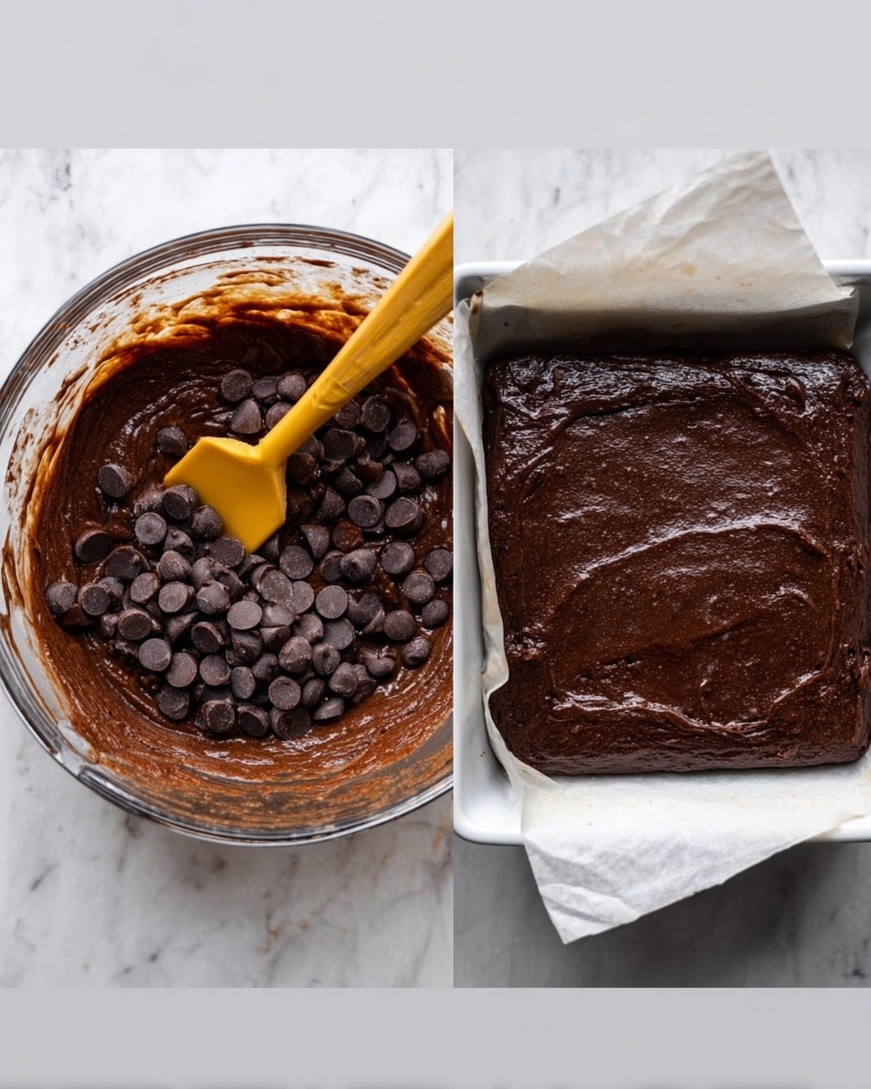 The image shows a stack of four rich, dark chocolate brownies placed closely, one on top of the other. Each brownie layer is thick and moist, with a slightly crumbly but dense texture. The top surface of each brownie glistens slightly with melted chocolate spots, adding a glossy, smooth contrast to the rougher, crumbly edges. The brownies have a deep brown color with visible chocolate chunks embedded inside. The background is softly blurred, making the brownies the clear focus. The stack is positioned on a light wooden surface against a white marbled texture backdrop. photo taken with an iphone --ar 4:5 --v 7