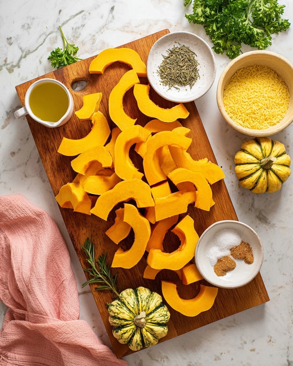 A wooden board sits on a white marbled surface, holding many bright orange squash pieces cut into crescent shapes with scalloped edges, scattered across the board. At the top right of the board, there is a small white bowl with three small piles of dried rosemary, salt, and a brown spice. To the left of that bowl, a small white cup holds a yellow-green liquid, likely oil. Green leafy parsley is placed at the top left corner of the board. A beige measuring cup filled with yellow flakes is on the top right section of the board. Around the board, two whole yellow and green striped squashes rest on the white marbled surface, and a pink cloth peeks in from the bottom left corner. Photo taken with an iphone --ar 4:5 --v 7