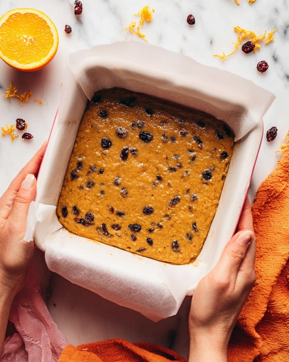 A stack of six square golden brown bars with a crumbly texture filled with dark red dried cranberries is shown. Each bar has visible orange zest sprinkled inside and on the surface, adding contrast. A woman's hand is holding the top bar, lifting it slightly. The stack sits on a white marbled surface with scattered cranberries, orange zest bits, and blurred orange halves in the background. The scene has a soft pink background that highlights the warm colors of the bars. photo taken with an iphone --ar 4:5 --v 7
