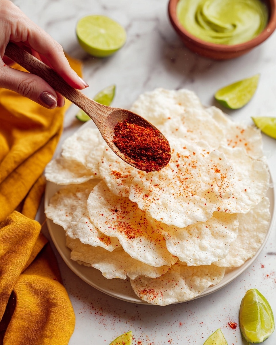 A round white plate is full of large, thin, crispy white crackers sprinkled with reddish-brown spice. A woman's hand is lifting one cracker near the bottom right of the image. Around the plate on a white marbled surface, there are several lime wedges, a small wooden dish with red spice, a bowl filled with smooth green dip, and a crumpled yellow cloth in the bottom left corner. The lighting is bright, highlighting the texture of the crackers and the smoothness of the dip. Photo taken with an iphone --ar 4:5 --v 7