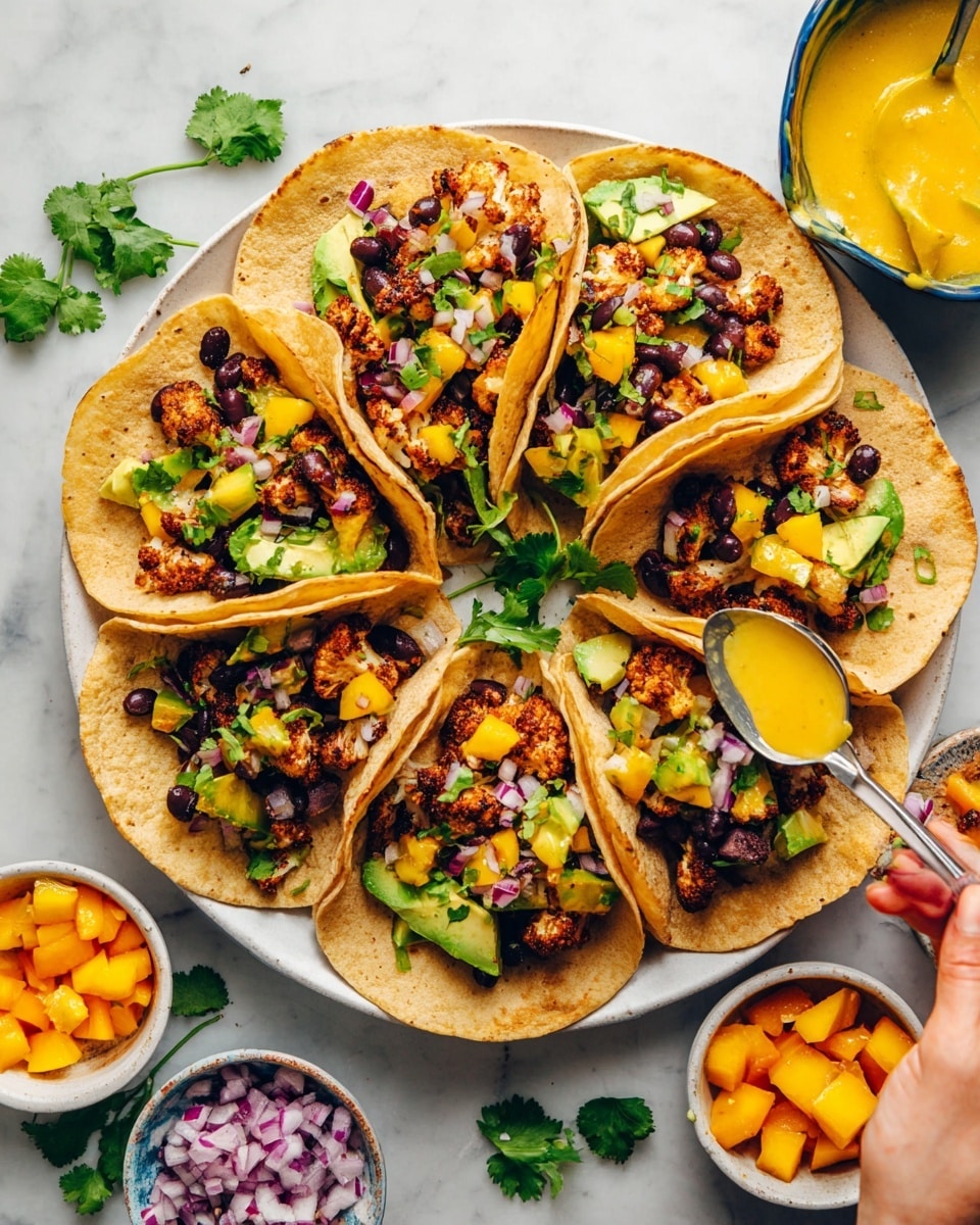 A woman's hand is holding a soft taco shell filled with multiple layers. The bottom layer is green avocado slices, topped with roasted cauliflower pieces that have a browned, slightly crispy texture. Scattered among the cauliflower and avocado are small black beans and chunks of bright yellow mango. There are small pieces of red onion sprinkled around, adding a touch of purple, and fresh green cilantro leaves placed on top. A drizzle of rich orange sauce covers the filling in thin lines, adding a creamy texture. The background is a white marbled surface with blurred additional tacos visible. Photo taken with an iphone --ar 4:5 --v 7