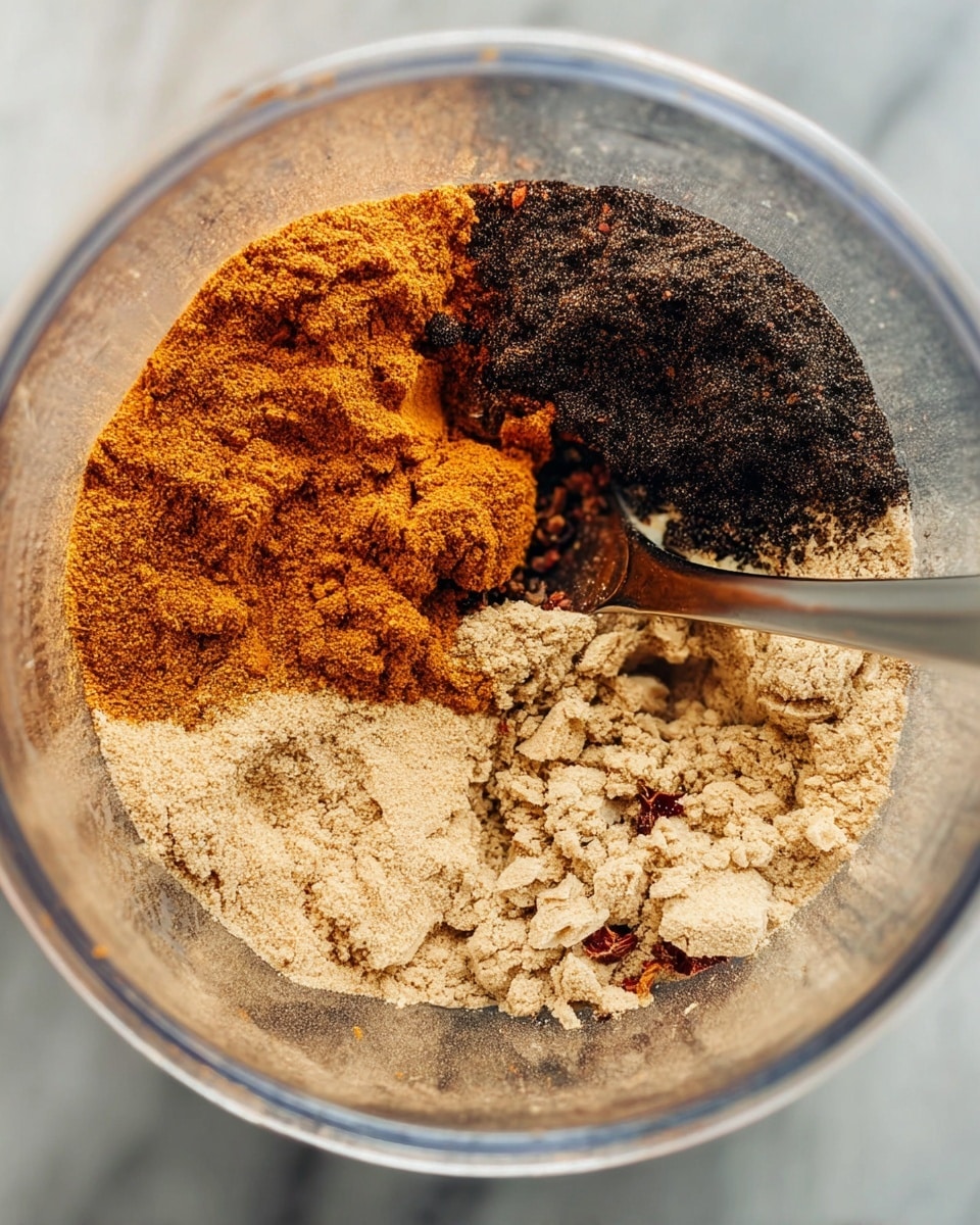 A clear glass cup filled with light brown chai latte topped with light foam, a wooden spoon stirring the drink, to the left is a small white bowl filled with light brown chai latte mix powder, behind both is a glass jar labeled