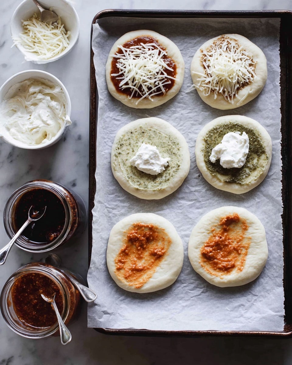 The image shows six small round pieces of dough arranged in two columns on a baking tray lined with parchment paper, placed on a white marbled surface. The top-left dough piece has a layer of a brown sauce topped with a small pile of white shredded cheese. The middle-left dough has a green paste spread with a dollop of white cream on top. The bottom-left dough has a thick smear of reddish-orange sauce. The top-right dough is plain. The middle-right dough has a layer of green paste, while the bottom-right dough has a reddish-orange sauce similar to the bottom-left. Next to the tray on the left are two white bowls, one filled with a white spread and the other with shredded white cheese, each with a spoon inside. Below the bowls are three clear jars with reddish and dark sauces and spoons inside. Photo taken with an iphone --ar 4:5 --v 7