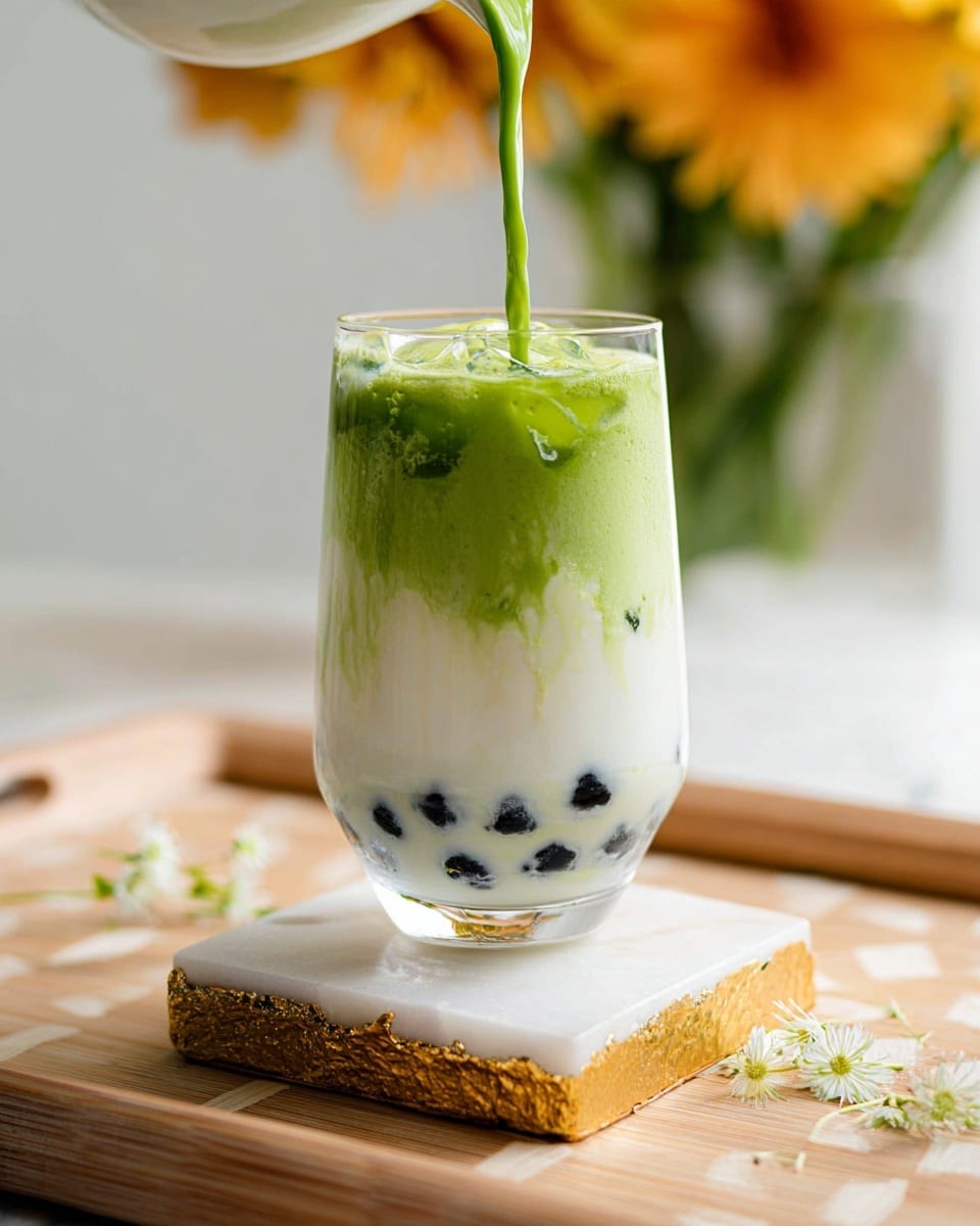 A clear glass filled with a three-layer green iced drink sits on a white marbled surface with a gold-edged coaster underneath. The bottom layer is a soft, milky light green with a creamy texture, the middle layer is a darker, rich green with visible black round ice pieces scattered through it, and the top layer is a thick, foamy white with a touch of green on the surface. A clear glass straw with small green decorations near its bent part stands inside the glass. In the background, there is a small black bowl filled with bright green powder and a spoon resting inside. Small white flowers with yellow centers lay beside the coaster. photo taken with an iphone --ar 4:5 --v 7
