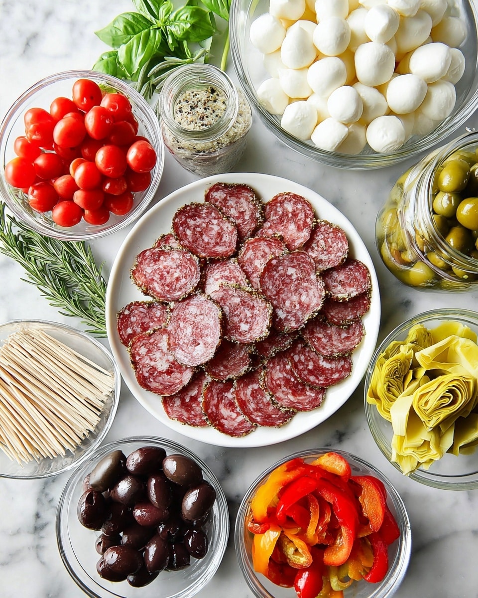A large white plate displays a festive ring made of multiple small skewers arranged in a circular shape. Each skewer has layers starting with green fresh basil leaves at the base, followed by shiny red cherry tomatoes, light cream mozzarella balls, and folded dark red slices of cured salami. Scattered among them are pale yellow artichoke hearts, green olives, black olives, bright yellow pepperoncini, and small sprigs of green rosemary adding texture. The plate sits on a white marbled surface with green herbs near the top right and a glass filled with dark red liquid at the bottom right. Two smaller white plates hold a few skewers and slices of bread. Photo taken with an iphone --ar 4:5 --v 7