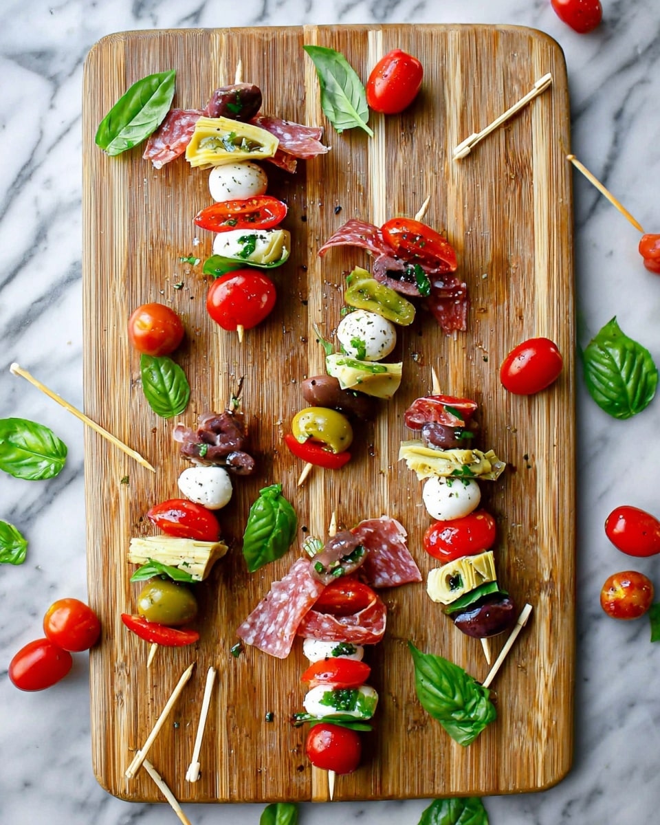 A white round plate is filled with three overlapping rows of thinly sliced salami, showing a mix of dark red and white marbling with a textured black pepper crust. Surrounding the plate are white bowls and clear glass bowls with different ingredients: at the top right, a large clear glass bowl full of small white mozzarella balls; below it, a jar of green olives with a white lid resting beside it; under the olives, a bunch of light wood toothpicks; bottom center, a clear glass bowl with shiny black olives; bottom left, a white bowl filled with small bright red and orange peppers; directly above that, a white bowl holding pale yellow marinated artichoke hearts; in the middle left, a white bowl full of red cherry tomatoes; and top left, a small clear glass bowl with yellow-green pickled peppers. Fresh green basil leaves and rosemary sprigs add touches of green around the bowls. The whole arrangement sits on a white marbled surface. Photo taken with an iphone --ar 4:5 --v 7