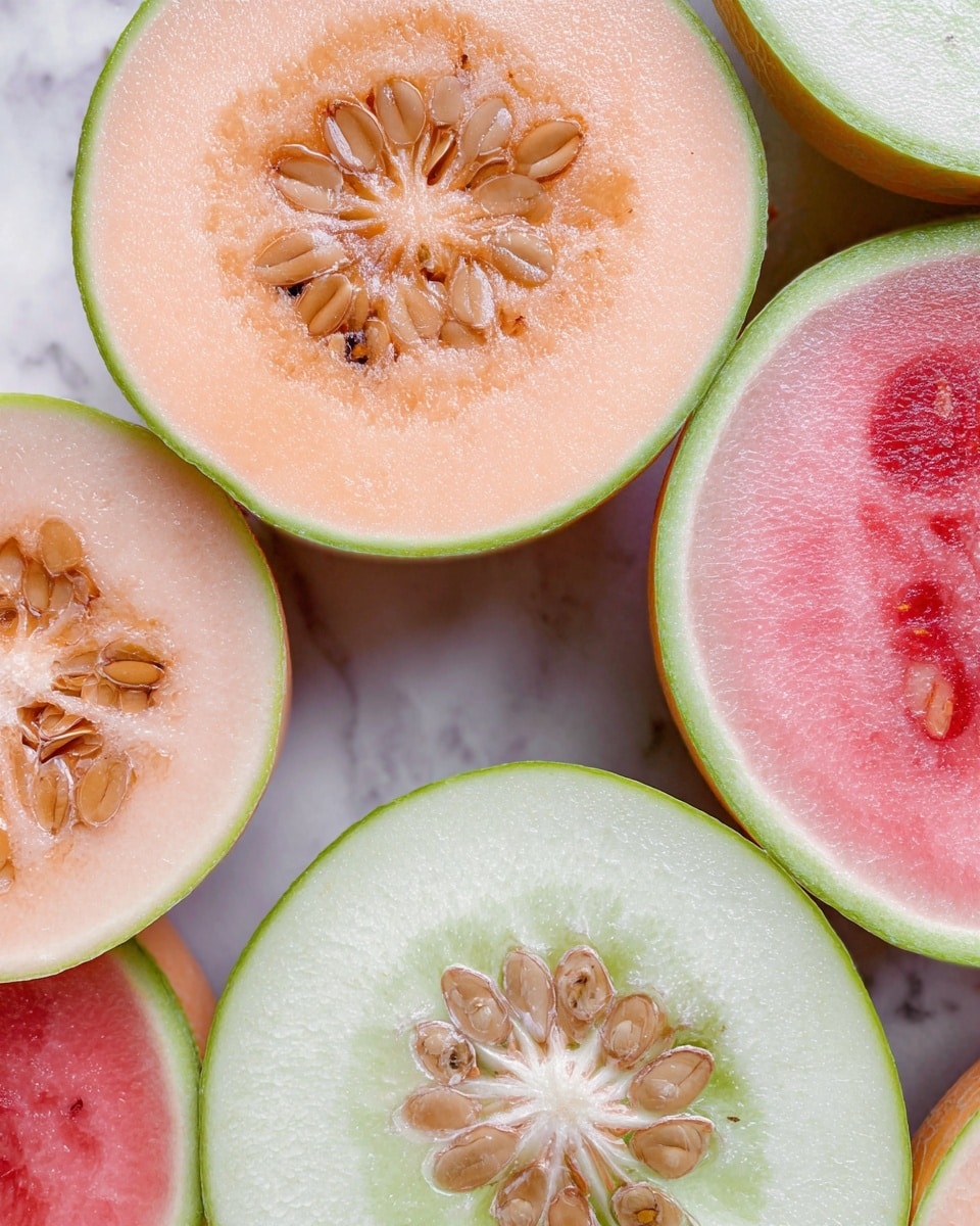The image shows several round slices of fruit arranged closely together on a white marbled surface. There are three main types of fruit slices: one with a light orange flesh and a cluster of tan seeds in the middle, another with pale green flesh and large beige seeds in the core, and a third type with reddish-pink flesh featuring small black and light tan seeds scattered near the center. Each slice has a thin rind surrounding the flesh, with the rind being light green on the orange and reddish-pink slices, and pale green on the green-fleshed slices. The overall look is fresh and colorful, with the different smooth and slightly textured fruit surfaces contrasting against the clean white marbled background. Photo taken with an iphone --ar 4:5 --v 7