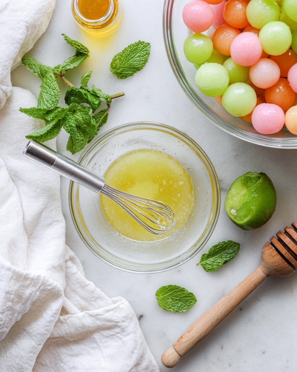 The image shows a small clear glass bowl in the center holding a light yellow liquid, mixed with a small silver whisk resting inside it; to the top right, there is a large glass bowl filled with layers of colorful melon balls in shades of pink, green, and orange. Around the bowls, scattered fresh bright green mint leaves add fresh color, while a white cloth is folded loosely on the left side. A wooden tool with a light wood handle lies on the right side, with a halved lime showing green flesh placed near the glass bowl. A small honey bottle with a yellow cap is visible near the top center, all set on a white marbled surface. photo taken with an iphone --ar 4:5 --v 7