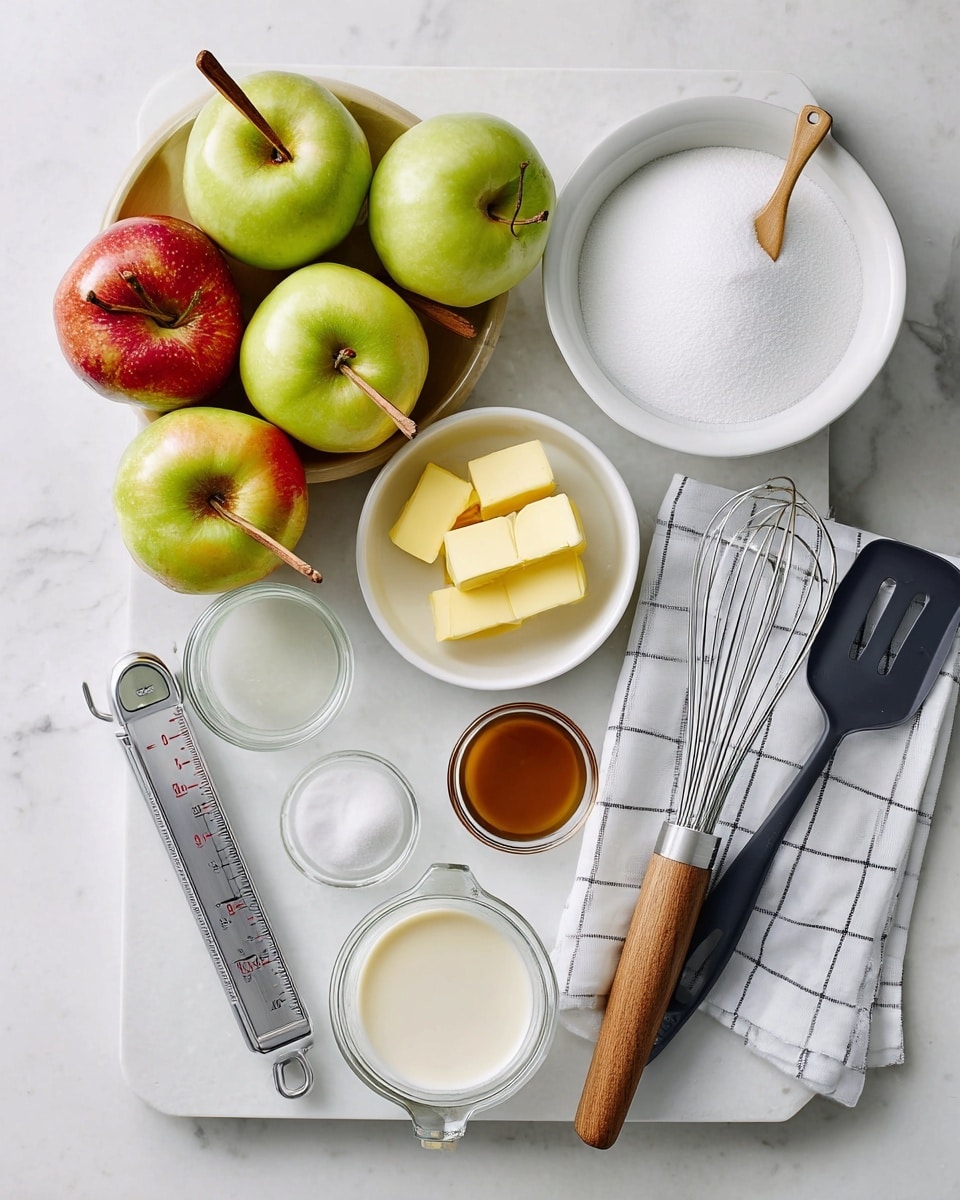 The image shows six apples with wooden sticks in the center, three are green and three are red with a yellow tint, placed on a white marbled surface in a loose group near the top left. To their right, there is a white bowl filled with white sugar with a slightly rough texture on top. Below the sugar bowl, there is a small white bowl containing three square pieces of yellow butter. Next to the butter, a metal candy thermometer with a black handle and metal clip is laid vertically. Below the apples and bowls, two clear measuring cups sit side by side; one holds a clear liquid and the other holds a white creamy liquid. There are two small white bowls below the measuring cups, one filled with a brown liquid and the other with white powder. To the right of the sugar bowl, a whisk with silver wires and a wooden handle, along with a black spatula with a wooden handle, rest on a white and black checkered cloth. At the bottom of the image, a white tray lined with parchment paper is visible. Photo taken with an iphone --ar 4:5 --v 7