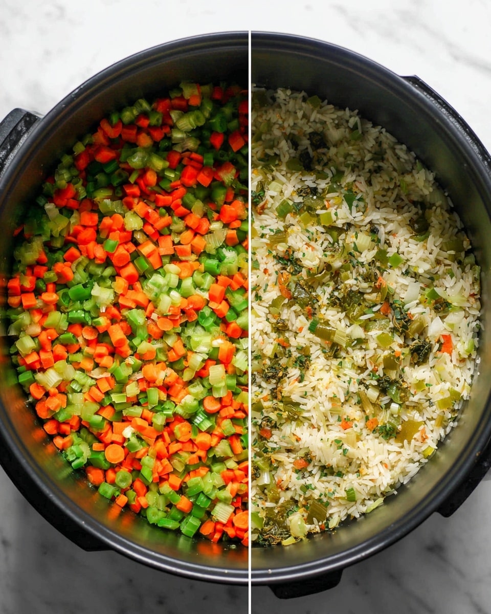 The image shows a pot of soup with a thick yellow broth filled with three visible layers: the bottom layer is the soup base, light yellow and slightly oily; the middle layer contains small chopped vegetables like orange carrots and green scallions scattered throughout; the top layer has chunks of white meat and sliced green onions floating on the surface. A shiny silver ladle is dipped into the soup on the right side, lifting some inside it. The pot is black with a red handle on a white marbled surface. steam is gently rising from the soup indicating it is hot photo taken with an iphone --ar 4:5 --v 7