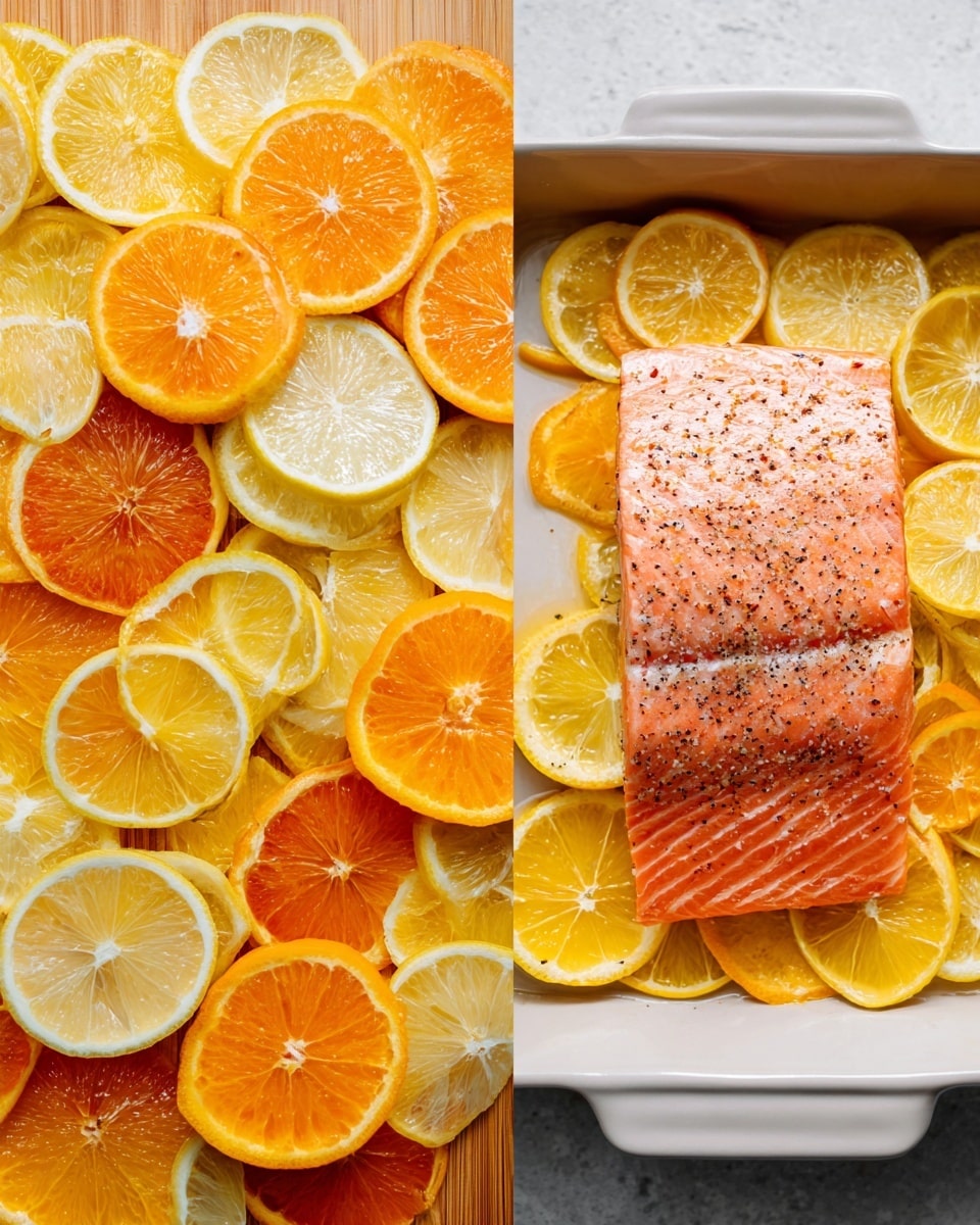 The image shows two parts side by side. On the left, many round lemon and orange slices are arranged closely on a wooden board, with bright yellows and deep orange colors and smooth, juicy textures visible on the fruit. On the right, a white baking dish with a white marbled surface holds a piece of raw salmon fillet in the center. The salmon is pink-orange with black pepper sprinkled on top, sitting on a single layer of orange and lemon slices placed evenly in a circular pattern under and around the fish. photo taken with an iphone --ar 4:5 --v 7
