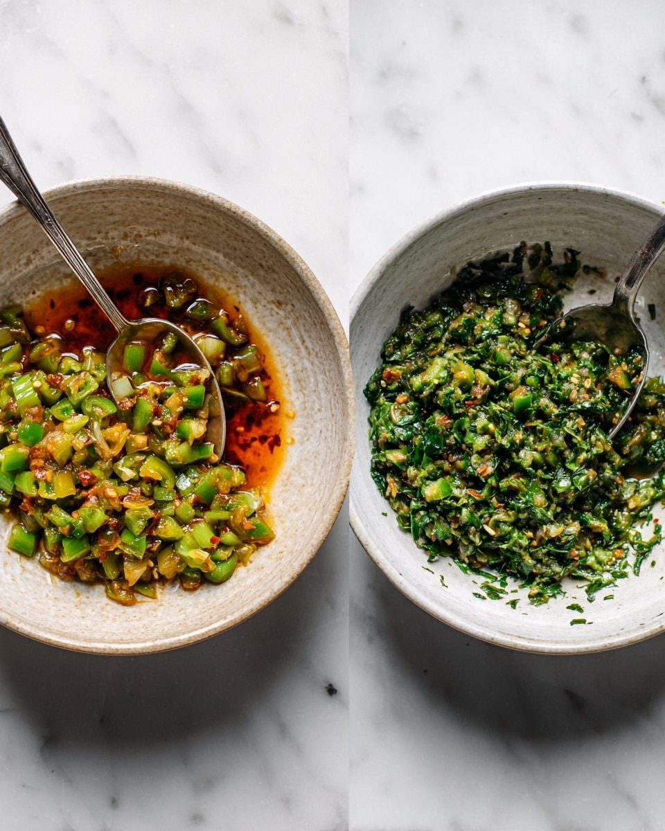 The image shows two white bowls with a textured light brown inside, placed on a white marbled surface. The left bowl holds a mix of chopped green peppers, small bits of onion, and a reddish oil or sauce at the bottom, with a silver spoon resting inside. The right bowl contains the same pepper and onion mix now combined with finely chopped dark green herbs, making the mixture look thicker and greener, also with a silver spoon inside. The lighting is soft, highlighting the fresh colors and textures of the ingredients. photo taken with an iphone --ar 4:5 --v 7