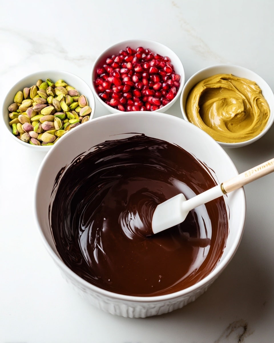 The image shows a large white bowl filled with smooth, shiny melted dark chocolate with a white spatula resting inside, partially dipped in the chocolate. Behind it are three small white bowls arranged in a triangle on a white marbled surface: one holds bright red pomegranate seeds, another contains light green pistachios, and the third has a creamy, mustard-yellow paste with a swirled texture. The items create a colorful and rich contrast against the clean white background. Photo taken with an iphone --ar 4:5 --v 7