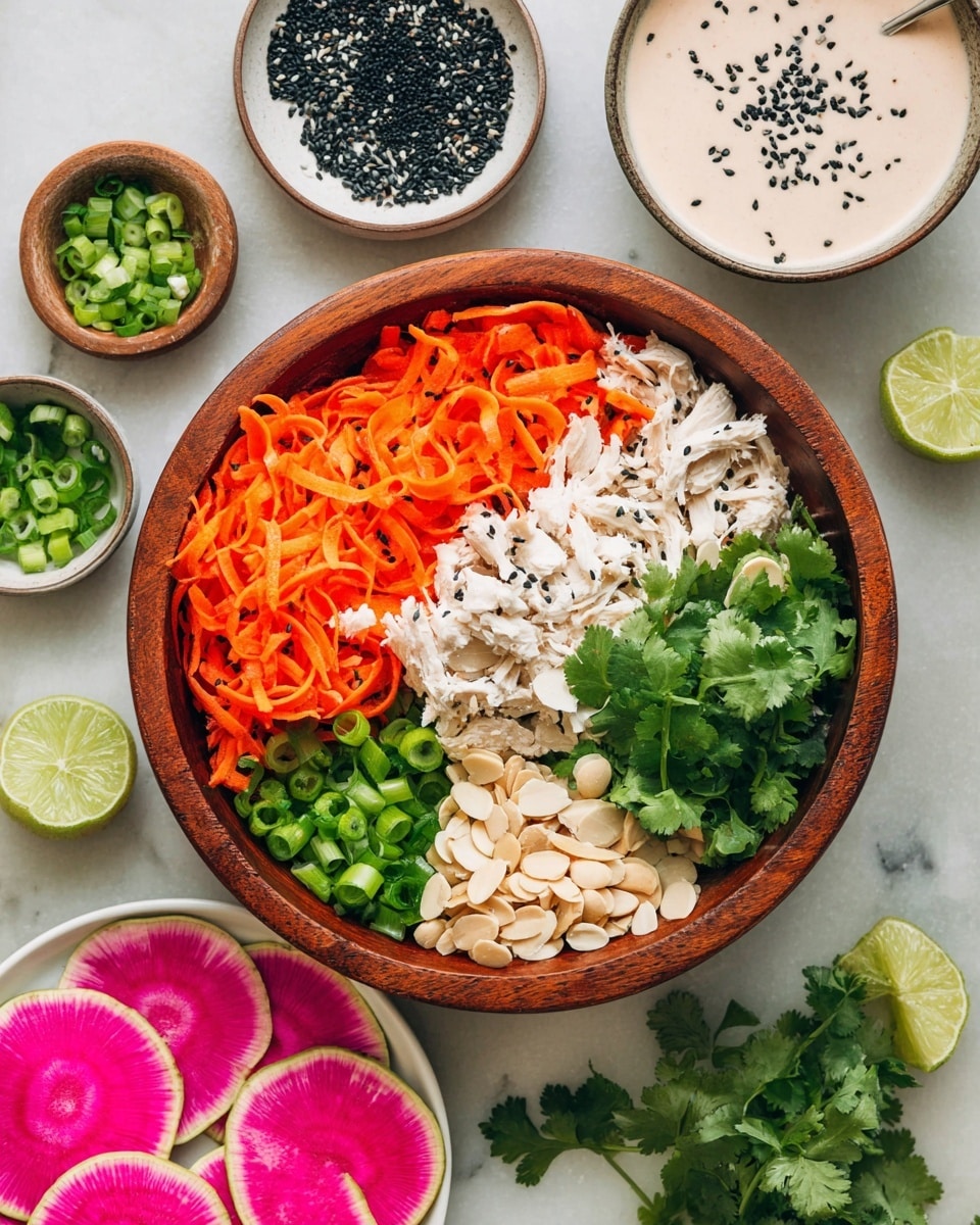 A wooden bowl holds five distinct layers of ingredients arranged in a circle: bright orange shredded carrots on the upper left, chopped green onions on the lower left, shredded white chicken in the center, fresh cilantro leaves on the upper right, and sliced almonds on the lower right. Surrounding the bowl on a white marbled surface are round slices of vibrant pink watermelon radish on a white plate, black sesame seeds in a small bowl, a creamy white dressing topped with black sesame seeds in a white bowl, lime halves, extra green onion pieces in a small bowl, and scattered cilantro leaves. The overall scene is bright, colorful, and fresh, photo taken with an iphone --ar 4:5 --v 7