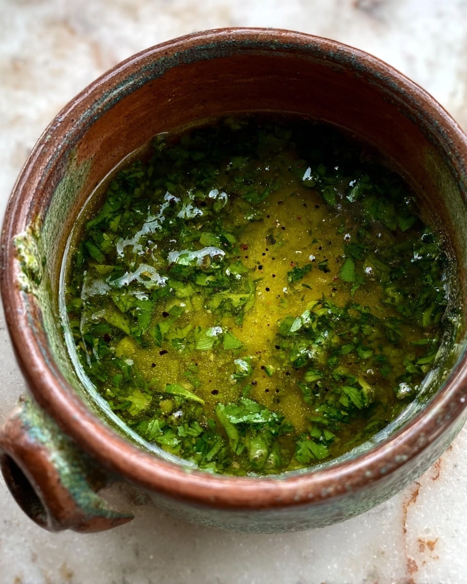 A close-up view of a rustic ceramic bowl with a brown rim and handle, filled with a green sauce that has a slightly oily texture and visible chopped herbs mixed in. The sauce's surface is shiny with small bubbles and specks of black pepper, sitting on a white marbled surface. Photo taken with an iphone --ar 4:5 --v 7