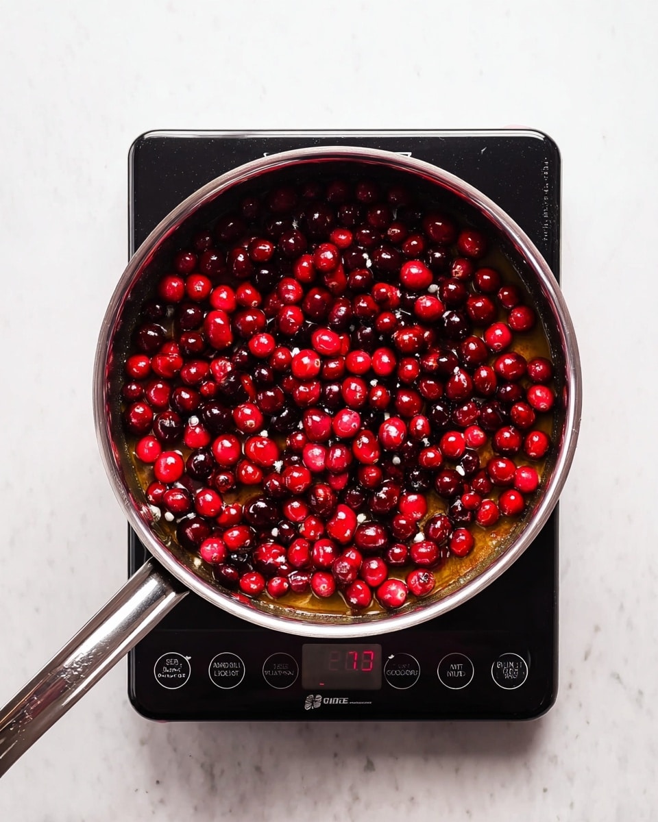 A silver pan is placed on a black electric cooktop with digital controls. Inside the pan, there is a single layer of bright red cranberries, shiny and round, sitting in a light golden liquid that covers the bottom of the pan. The cranberry layer is thick and fills most of the pan, with the pan's handle extending out to the left. The cooktop sits on a white marbled surface. photo taken with an iphone --ar 4:5 --v 7