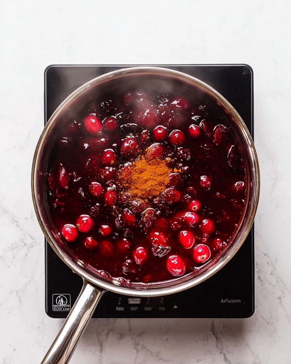 A white bowl filled with thick, dark red cranberry sauce with a shiny, slightly chunky texture. On top in the center is a small orange peel spiral that adds a bright contrast. The bowl sits on a white marbled surface with a few whole cranberries scattered around. Parts of fresh rosemary and a sliced orange are blurred in the background. Photo taken with an iphone --ar 4:5 --v 7