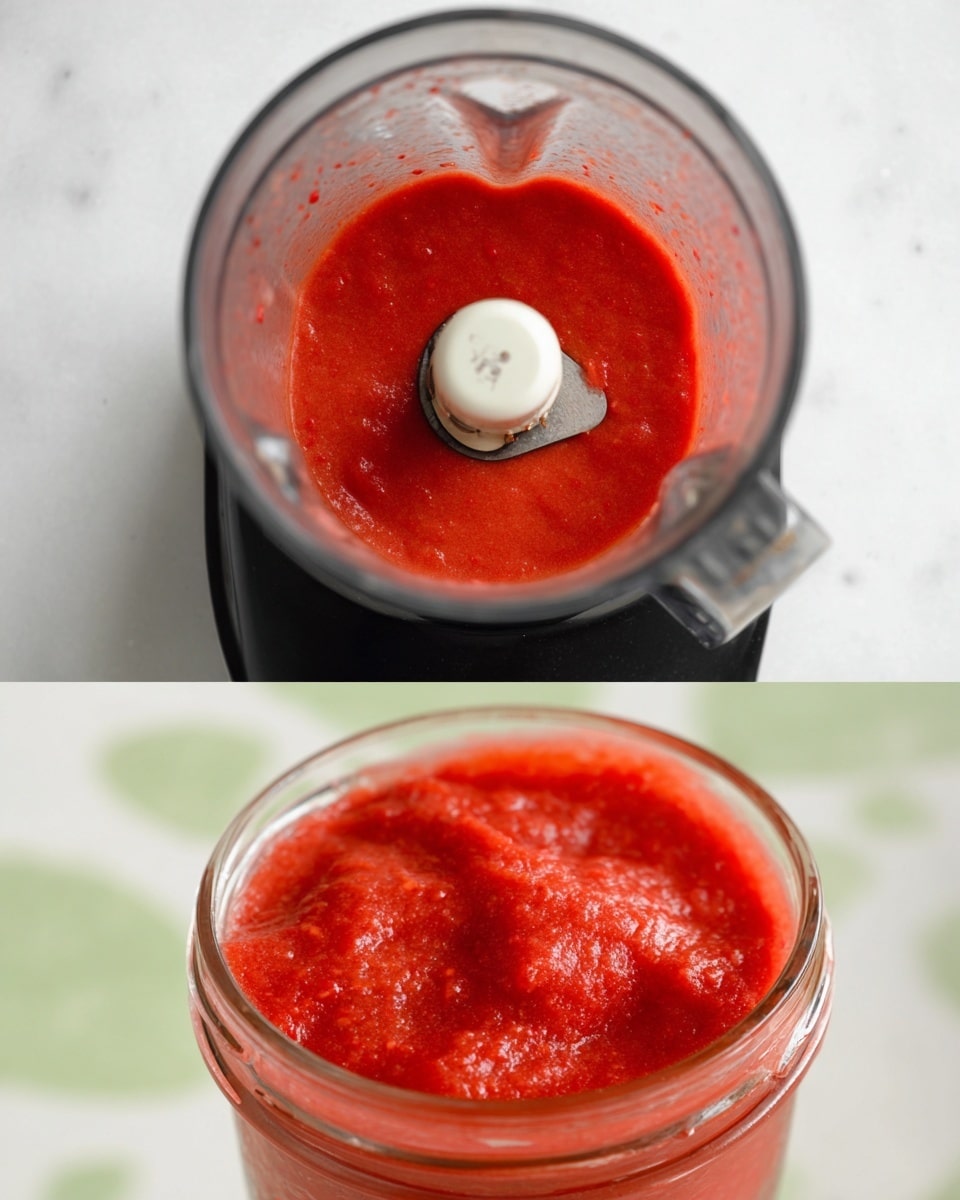 The image shows two parts. The top part has a clear food processor bowl on a black base, placed on a white marbled surface. Inside, there are three layers: bright red diced tomatoes filling most of the bowl, a pale white layer of creamy sauce on one side, and a mix of green herbs and spices next to it. The bottom part shows a close-up of a white metal sieve with a green rim, sitting over a white bowl. The sieve holds a smooth red tomato sauce with a thick texture. The background is the same white marbled surface. photo taken with an iphone --ar 4:5 --v 7