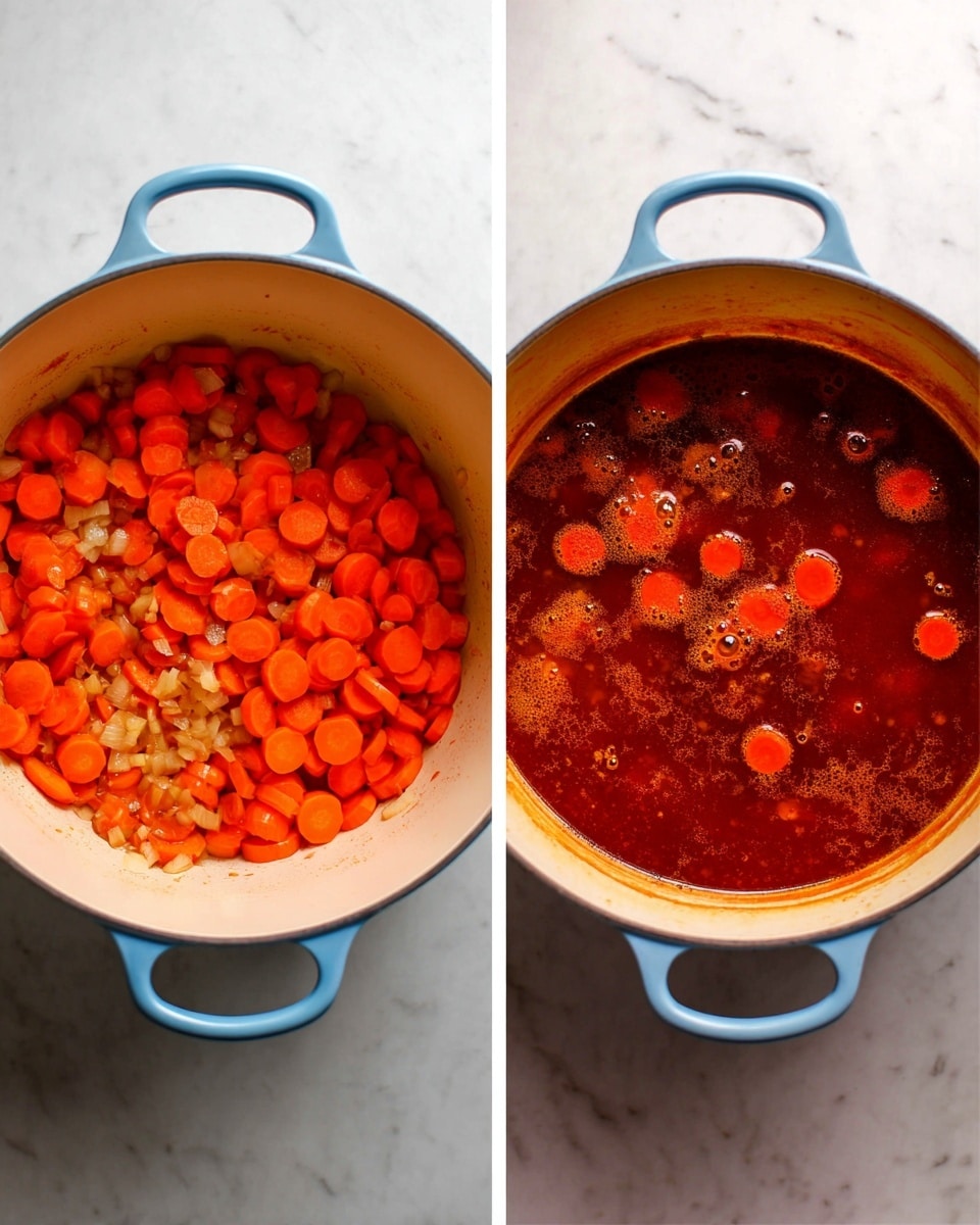 A white bowl filled with smooth bright orange soup, swirled with a light cream and some red chili oil creating a marbled effect in the center. On top, there are fresh green microgreens scattered, along with small toasted sesame seeds and bits of red pepper flakes. The bowl is set on a white marbled surface, and next to it is a clear glass of water with a textured design. Another bowl with the same soup is partially visible in the background. photo taken with an iphone --ar 4:5 --v 7