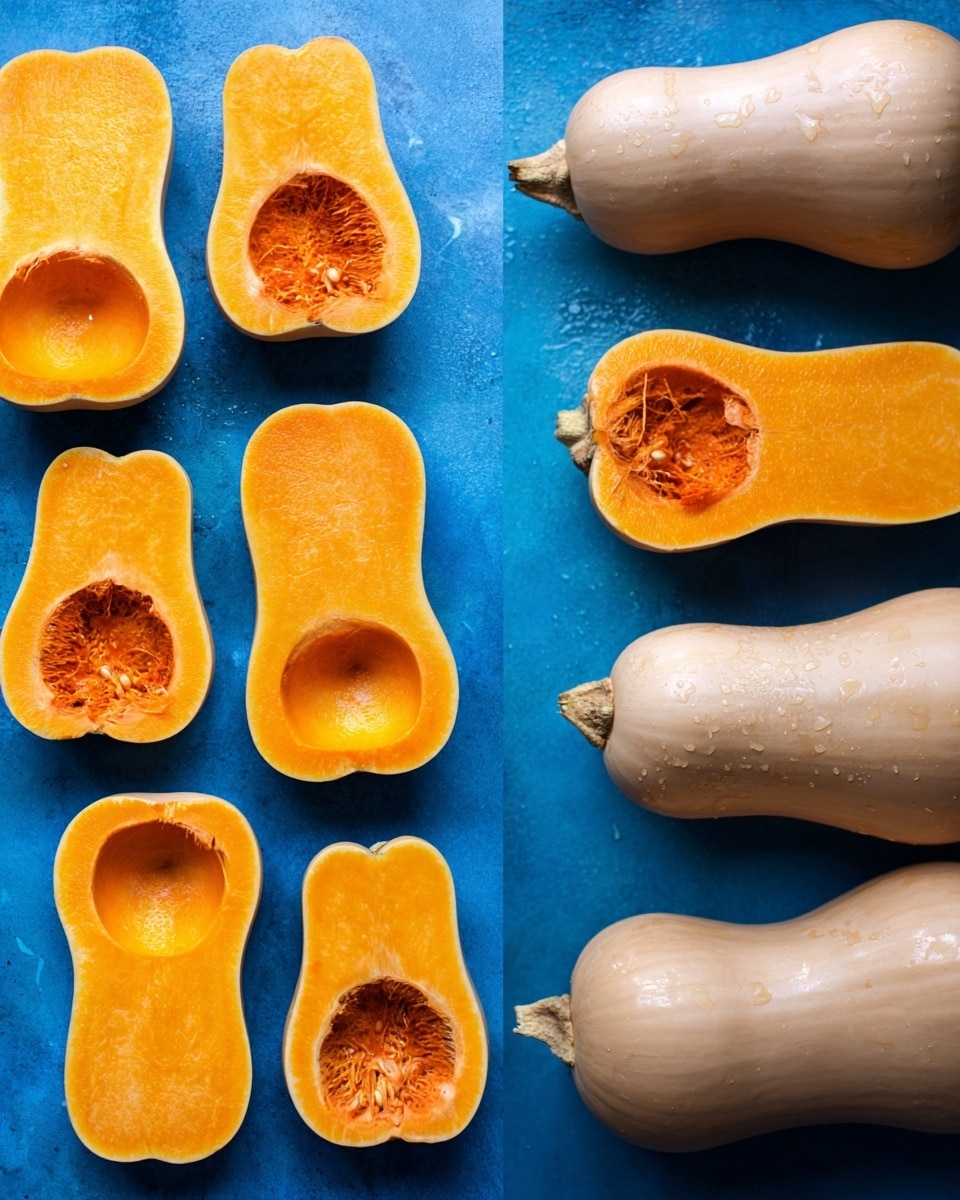 The image shows five halves of roasted butternut squash arranged on a white oval plate with blue floral designs. Each squash half forms one thick layer of soft, bright orange flesh topped with a crumbly golden-brown mixture of chopped nuts and breadcrumbs, giving a crunchy texture. Small green sage leaves are scattered over the topping, adding a fresh, natural contrast. The plate is placed on a white marbled surface with some fresh sage leaves gently placed nearby, alongside a glass of golden liquid. The lighting highlights the warm colors and textures, making the dish look inviting and tasty. Photo taken with an iphone --ar 4:5 --v 7