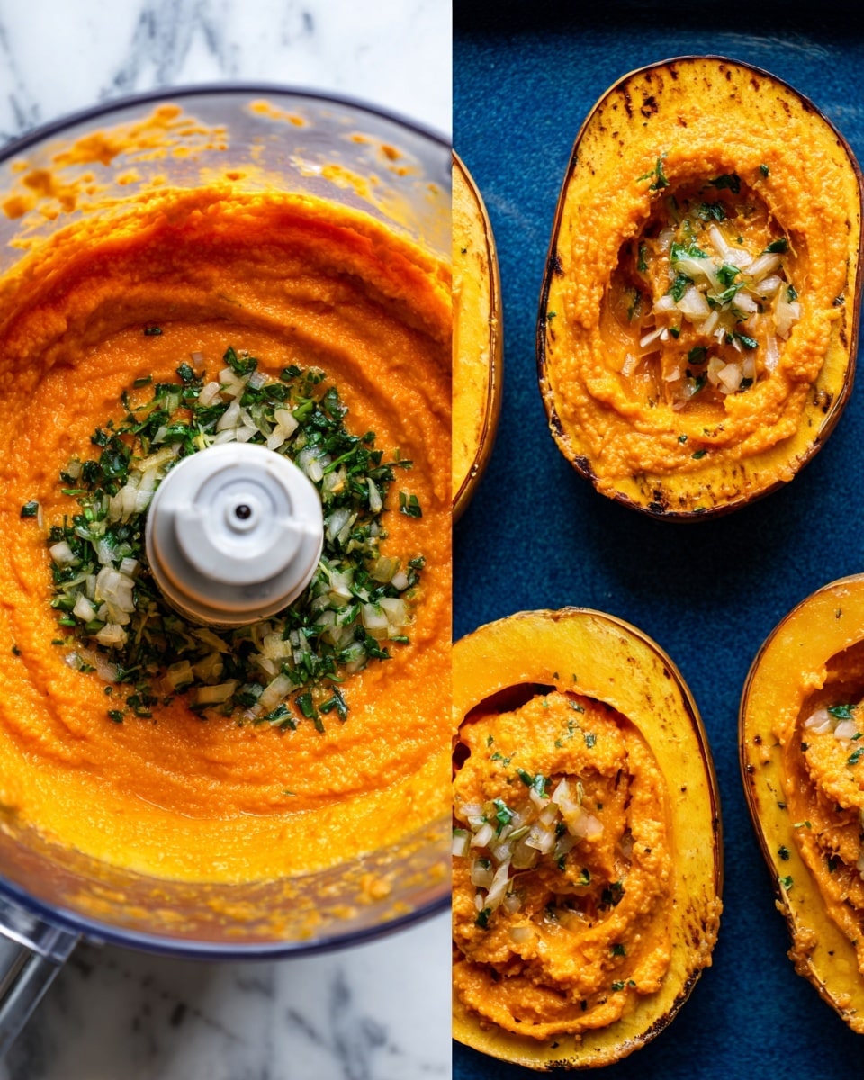 The left side of the image shows a clear food processor bowl filled with a thick, smooth orange mixture that covers the bottom and sides, with a smaller heap of chopped green herbs and light-colored cooked onions placed on top near the blade in the center. The right side shows three halved white squash filled with the same smooth orange mixture, each roasted with a slightly browned edge, placed evenly on a dark blue pan. The squash have a vibrant orange-yellow color filling, with a soft texture and some slight surface ridges, and the skin is deep orange with a dried look around edges. The whole scene is set against a white marbled surface. Photo taken with an iphone --ar 4:5 --v 7