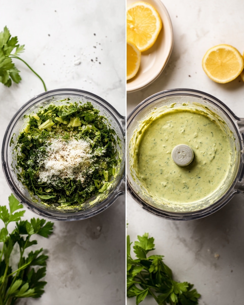 Two side-by-side top-down photos on a white marbled surface show the process of making a green sauce. The left photo has a clear blender cup filled with dark green chopped herbs, white grated cheese, garlic powder, and black pepper scattered on top. Fresh parsley leaves rest near the bottom left corner. In the top right, a round white plate with lemon slices is partially visible. The right photo shows the same blender cup now filled with a smooth, creamy light green sauce with dark green flecks. The blender lid is next to the cup on the right, and fresh parsley remains at the bottom left. Photo taken with an iphone --ar 4:5 --v 7