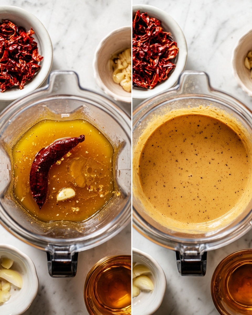 The image shows two top views side by side of a clear blender container on a white marbled surface. On the left side, the blender contains three main ingredients: a whole dried red chili, a small piece of garlic, and a mix of oil and spices, all floating in a golden liquid. Surrounding the blender are small white bowls holding more dried red chilies and peeled garlic cloves, along with a glass of amber liquid. On the right side, the blender container now holds a smooth, tan-colored sauce with fine black pepper specks evenly mixed throughout. The surrounding bowls with chilies and garlic, and the glass, stay in the same position. Photo taken with an iphone --ar 4:5 --v 7