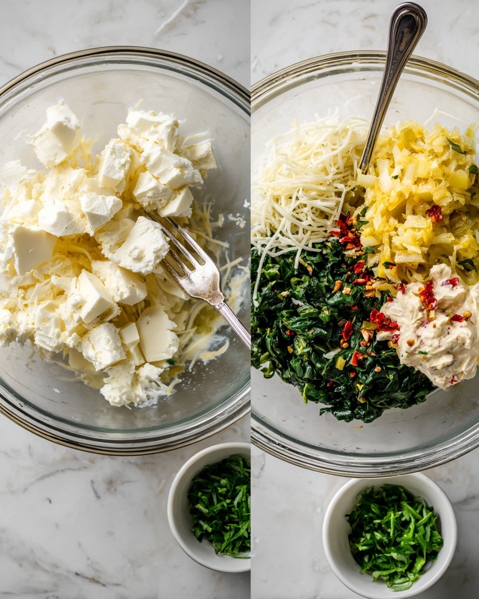 The image shows two clear glass bowls on a white marbled surface. The bowl on the left has white soft cheese broken into large pieces with a fork pressed into it. The bowl on the right contains a mix of ingredients layered in separate groups: shredded white cheese on top left, finely chopped cooked spinach below the cheese, a light beige creamy mix with some red flakes and white sour cream beneath the yellow chopped pickled peppers on the right. A small silver spoon rests inside the bowl. Nearby, there is a small white bowl filled with fresh green chopped herbs. Photo taken with an iphone --ar 4:5 --v 7