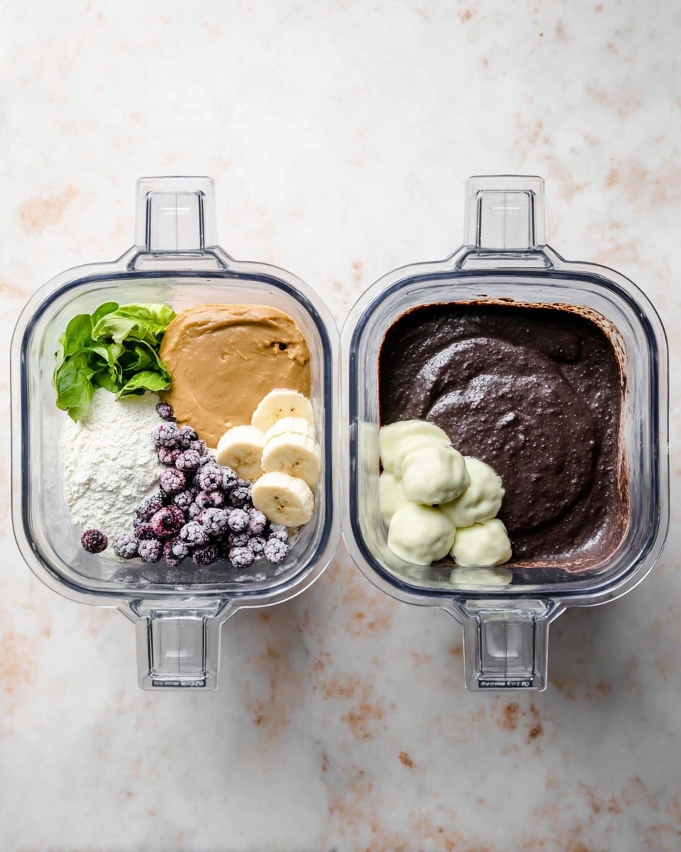 Two clear blender containers are placed on a white marbled surface side by side. The left blender has six layers of ingredients: small dark purple berries at the bottom left, a white powdery layer next to them on the top left, a thick light brown paste on the top right, a small bunch of green leaves, creamy white dollops resembling yogurt, and two small pieces of light yellow banana across the middle. The right blender holds a smooth thick dark mixture filling the whole container, with a slightly shiny surface. photo taken with an iphone --ar 4:5 --v 7