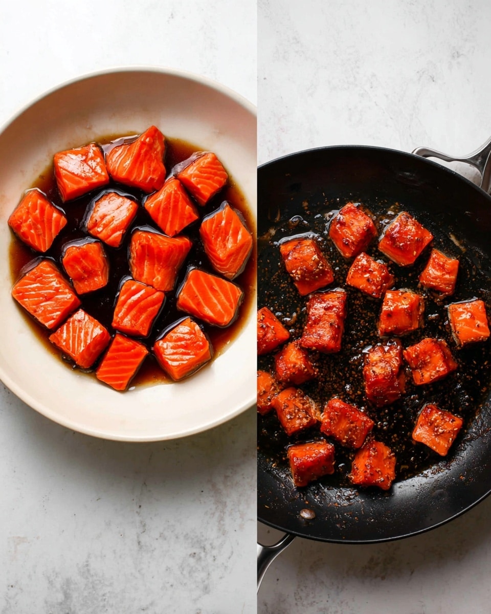 The image shows two side-by-side photos; on the left, a white bowl with bright orange salmon pieces soaked in dark brown sauce, each piece shiny and smooth, arranged evenly in the bowl placed on a white marbled surface. On the right, a black pan with cooked salmon cubes that are deeper orange with browned edges, sitting in a thin layer of glaze, scattered evenly in the pan which also rests on the same white marbled surface. photo taken with an iphone --ar 4:5 --v 7