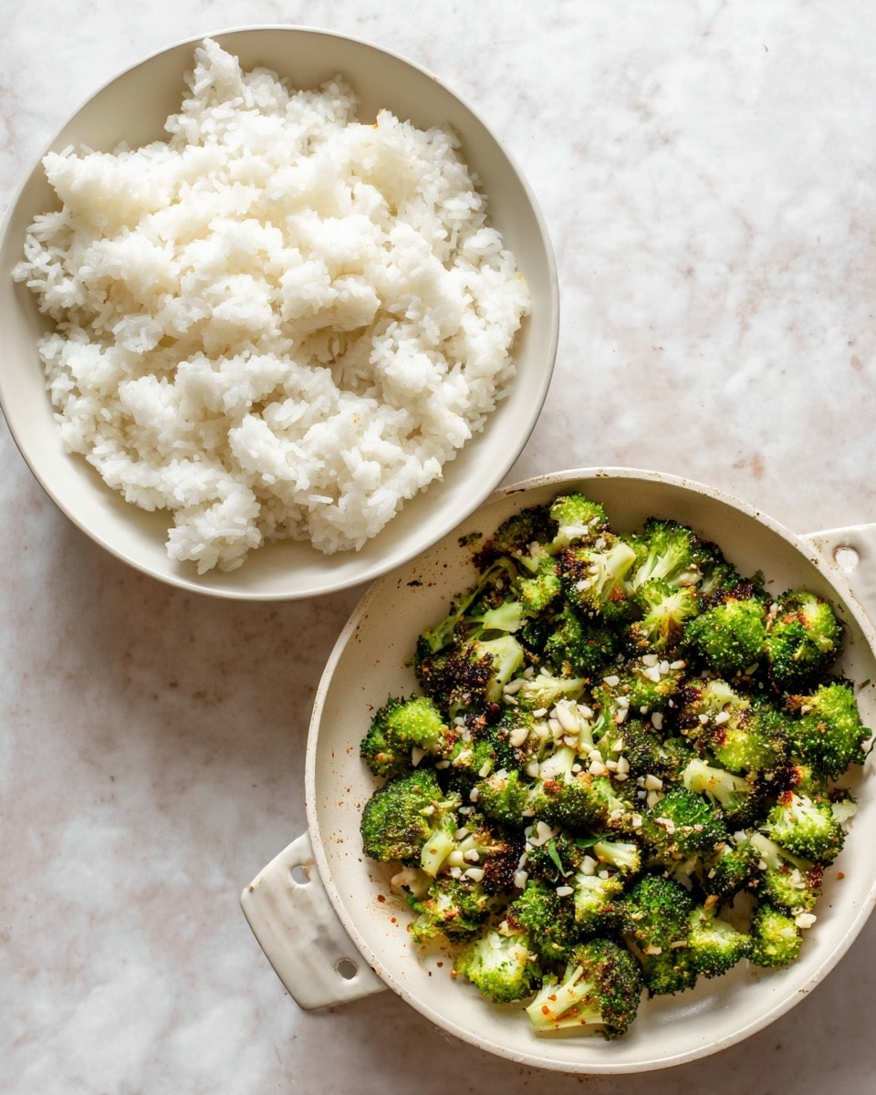 The image shows two dishes side by side on a white marbled surface. On the left, there is a single layer of fluffy white rice filling a round white bowl, with a soft texture and some grains clumping together. On the right, a white pan contains a single layer of small green broccoli pieces that are slightly charred with darker brown spots, mixed with small bits of light tan sliced garlic and tiny green chopped herbs scattered over them. The overall look contrasts the soft, plain rice with the vibrant, textured broccoli mix. Photo taken with an iphone --ar 4:5 --v 7