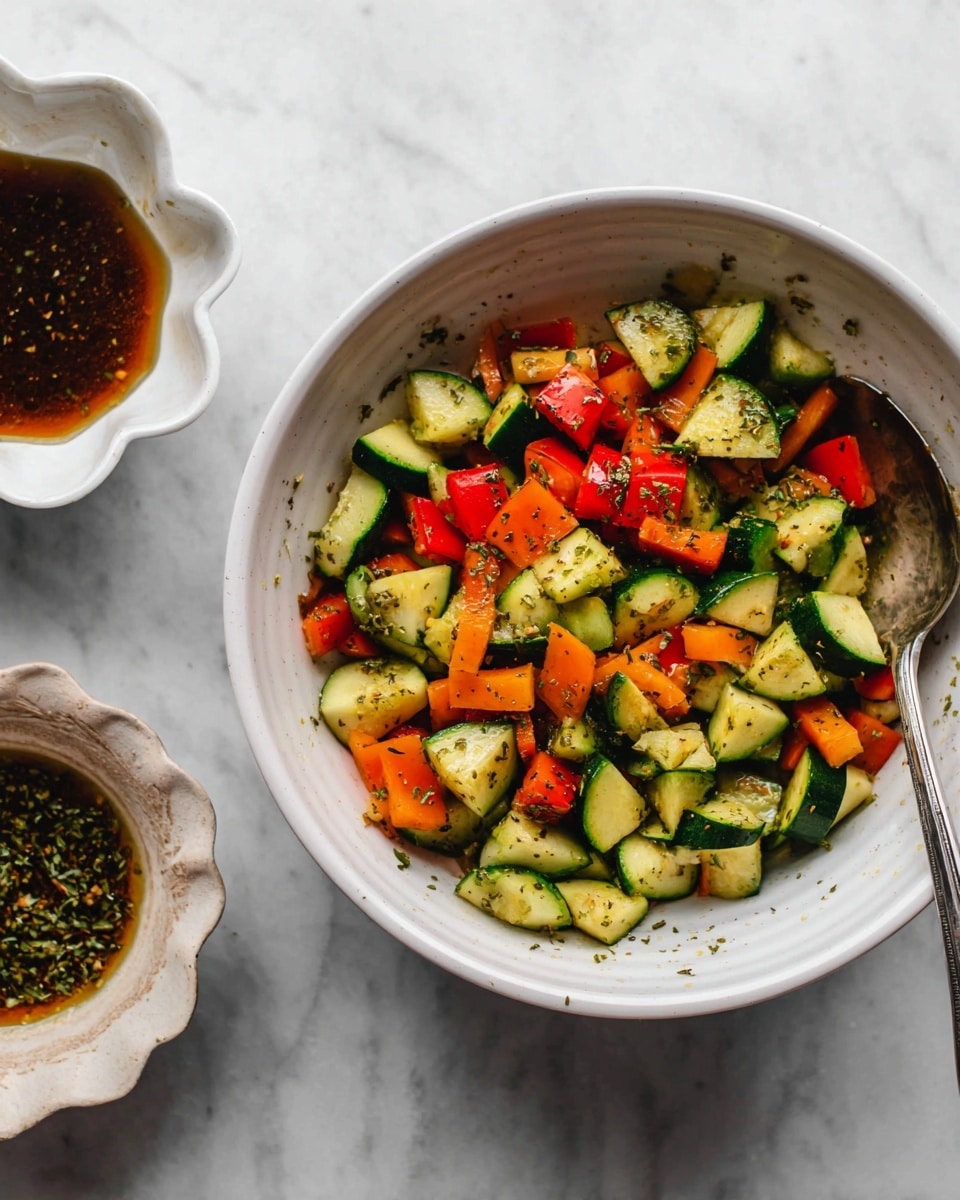 A white bowl filled with chunky chopped vegetables, including green zucchini slices with visible seeds, bright red bell pepper pieces, and some orange carrot chunks, all mixed together with a light dressing speckled with herbs. A silver spoon sticks out from the bowl on the right side, with the inside of the bowl showing slight dressing stains. To the left, there is a small white dish with a scalloped edge containing a dark brown liquid dressing with green herbs floating on top. The items sit on a white marbled surface. photo taken with an iphone --ar 4:5 --v 7
