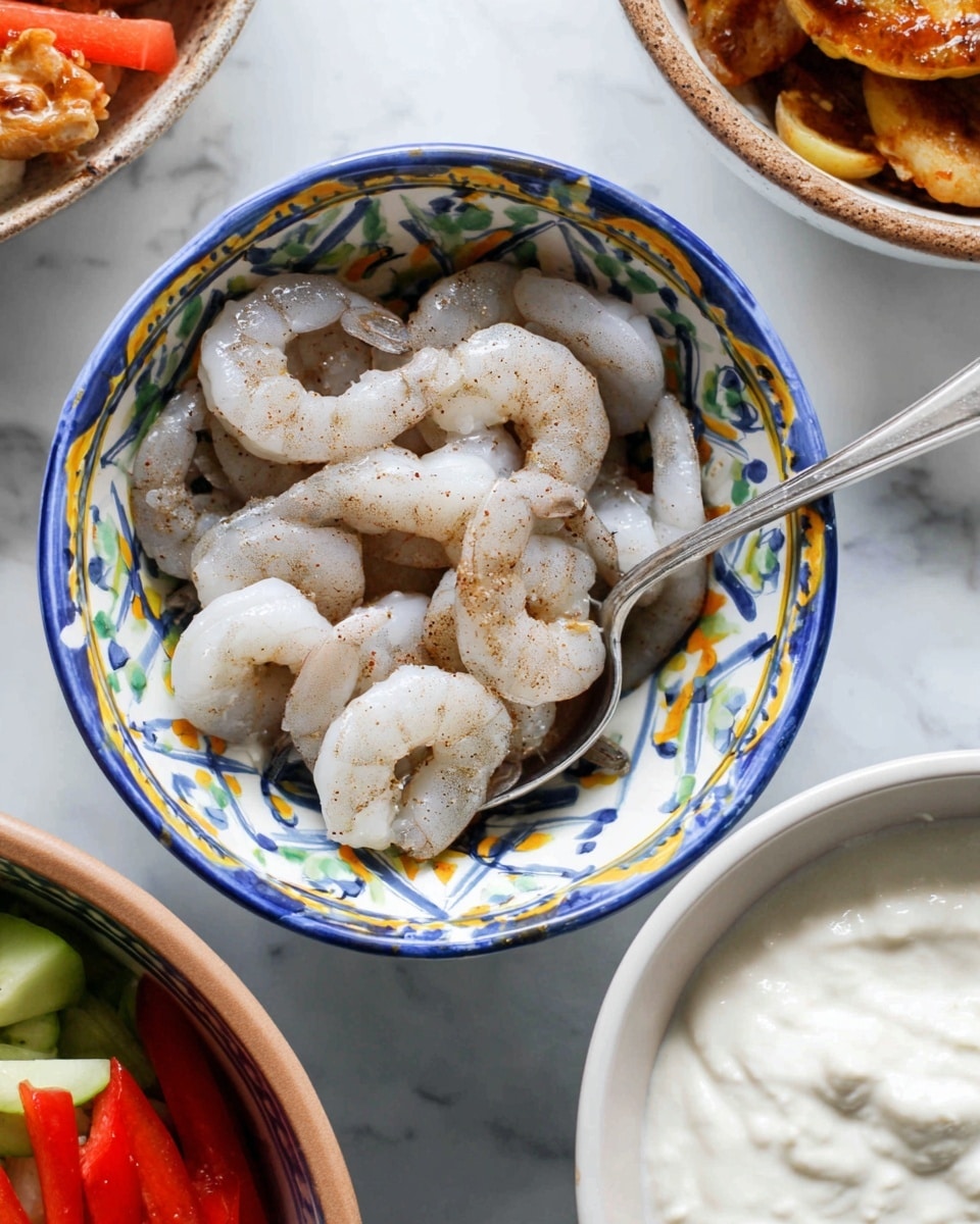 The image shows a white bowl with a colorful blue and yellow floral pattern on the inside, filled with raw shrimp that have a light gray and translucent look, some with slight brownish seasoning on top. A silver spoon is placed inside the bowl. Next to it, there is a white bowl filled with a smooth, thick white sauce, with a silver spoon resting inside. The background is a white marbled surface, and parts of other dishes like a white bowl with sliced red and green vegetables and another bowl with golden-brown food are slightly visible around the edges. photo taken with an iphone --ar 4:5 --v 7
