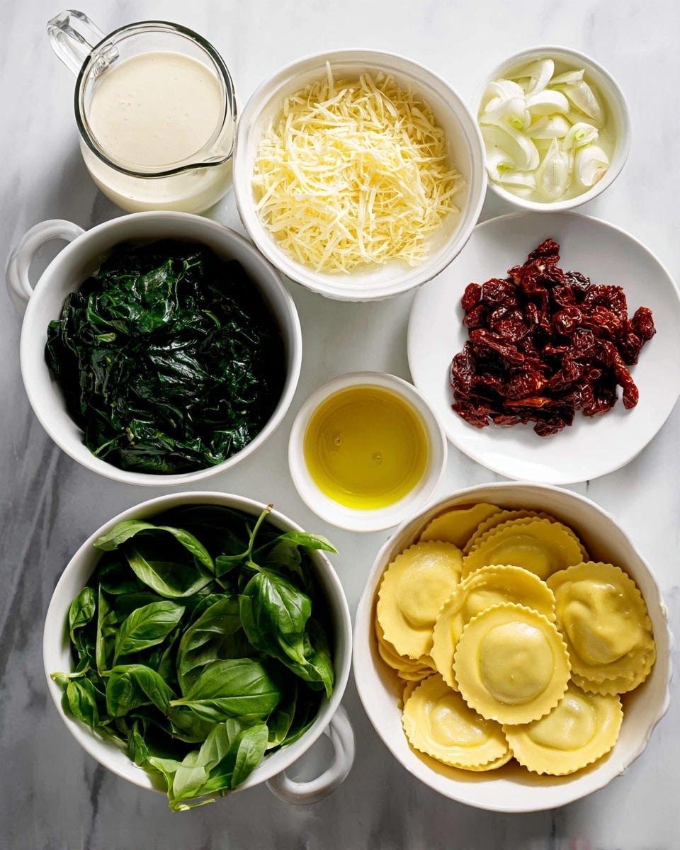 Several white bowls and a glass measuring cup are arranged on a white marbled surface. The largest bowl on the bottom right contains fresh yellow ravioli with a smooth texture. Above it is a smaller white bowl filled with light yellow shaved cheese flakes. To the left, there is a full white bowl of dark green chopped spinach leaves with a fresh texture. Next to it is a glass measuring cup holding a creamy white liquid. Towards the top, a white bowl contains thinly sliced garlic and green dried herbs, and there is a white bowl filled with dark red sun-dried tomatoes. A small white bowl of golden olive oil and a white plate with fresh basil leaves of a deep green color complete the layout. Photo taken with an iphone --ar 4:5 --v 7