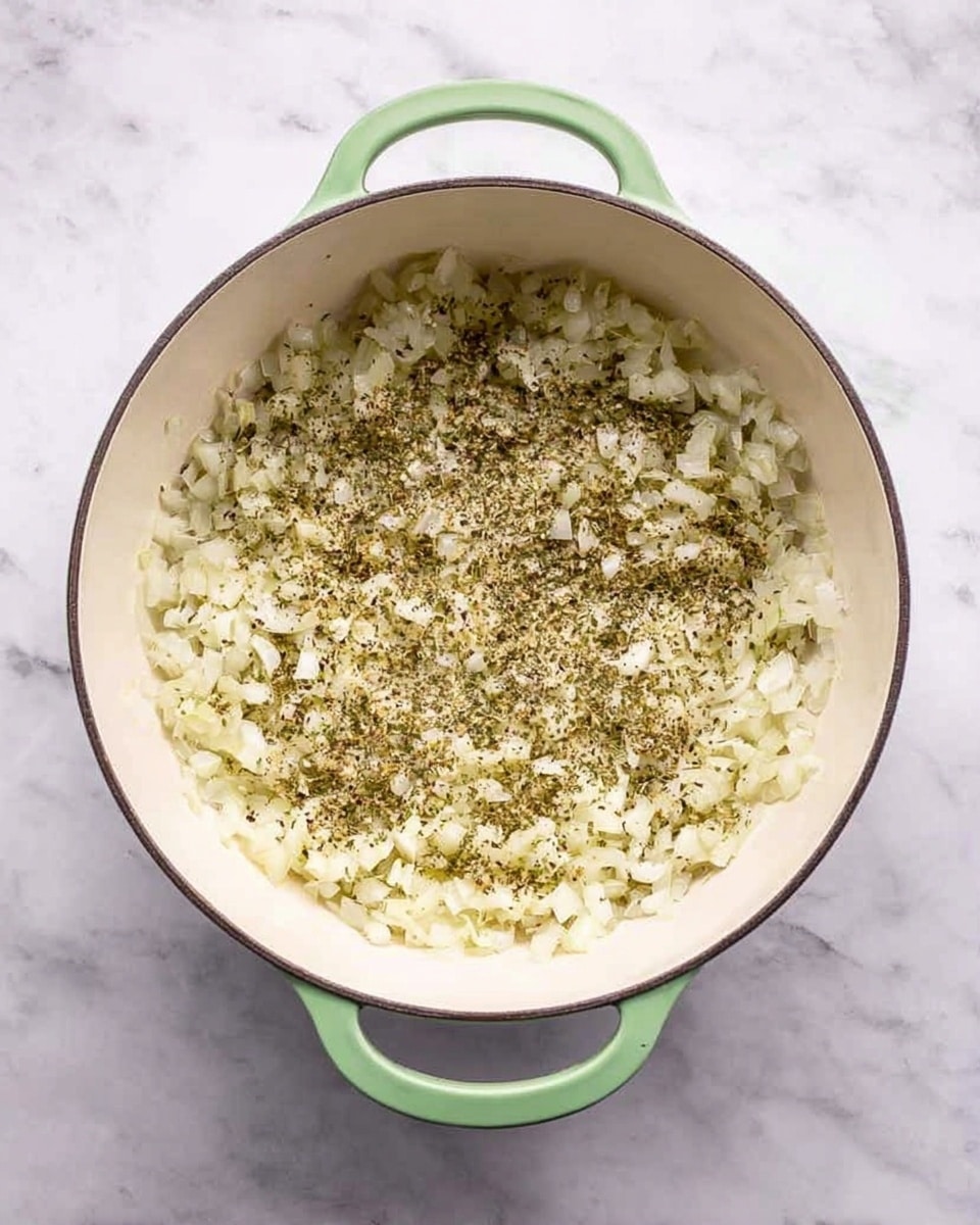 A light green pot with two handles contains a single layer of small, finely chopped onions, gently cooked and spread evenly across the white inside surface. The onions have a soft, translucent look with some light browning and are sprinkled with a mix of black pepper and dried herbs, giving a speckled appearance in shades of black and green. The pot sits on a white marbled surface, creating a clean and bright background for the scene. photo taken with an iphone --ar 4:5 --v 7