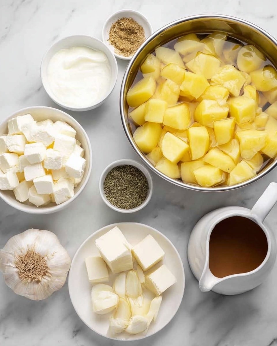 The image shows several white bowls and a metal bowl on a white marbled surface, each filled with different ingredients. The large metal bowl on the right is filled with many peeled and chopped yellow potatoes submerged in water. There are white bowls containing white cream cheese cubes and white butter cubes. Another white bowl on the left holds white cream with a smooth texture. One small white bowl contains dried herbs, and a white plate holds a whole garlic bulb sliced open to show the cloves inside. A small white pitcher contains brown gravy. The items are neatly arranged around the center of the image. Photo taken with an iphone --ar 4:5 --v 7