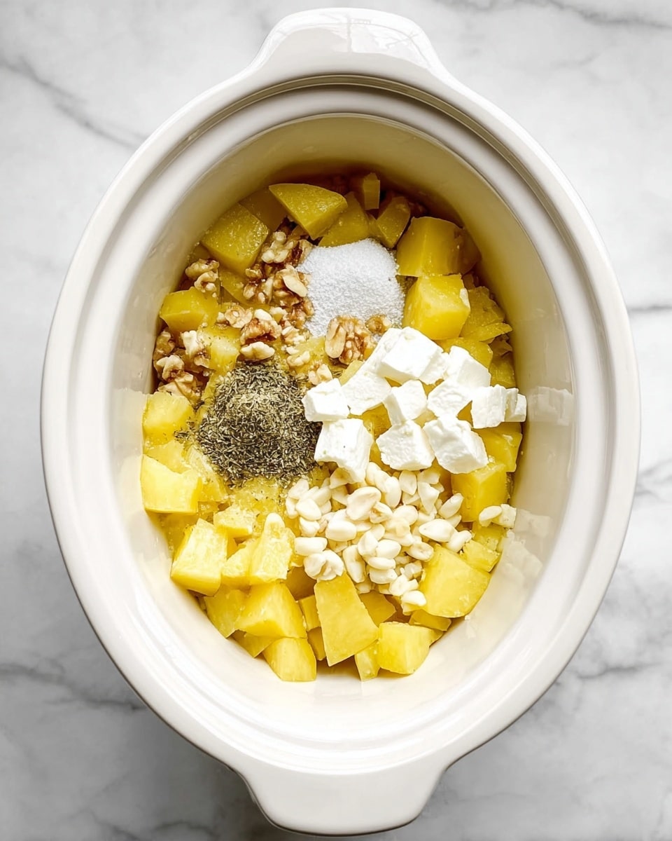 Inside a white oval slow cooker, there are four main layers of ingredients. The bottom layer consists of yellow potato chunks spread evenly. On top of the potatoes, there are small white chunks of softened cream cheese arranged in a cluster near the center-right side. To the left, there is a pile of chopped garlic cloves and small pieces of nuts. Near the center at the top, there is a small mound of white salt surrounded by black pepper and green dried herbs sprinkled around it. The slow cooker sits on a white marbled surface. photo taken with an iphone --ar 4:5 --v 7