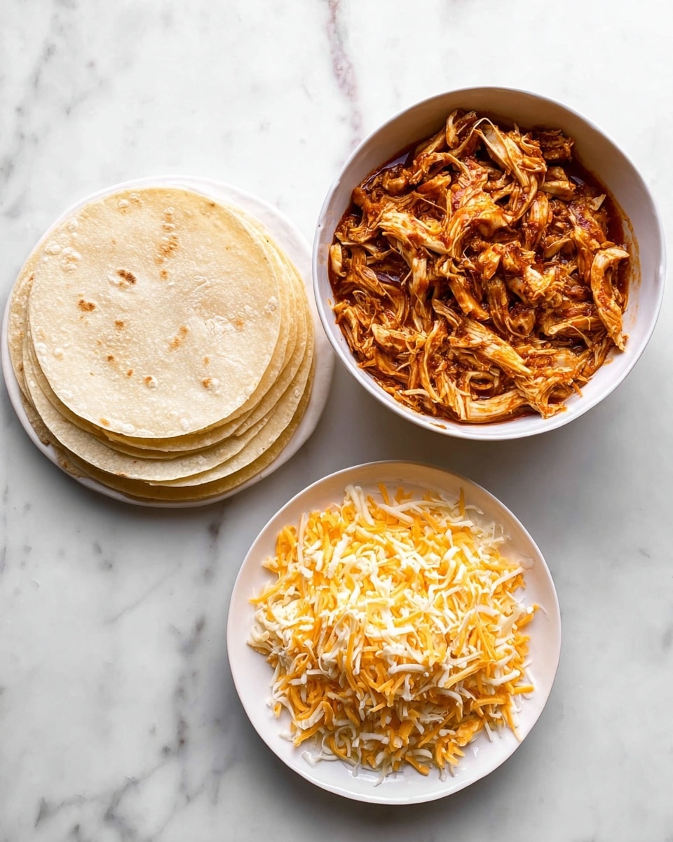 There are six small white tortillas laid out on a silver baking tray with a white marbled texture background. Each tortilla has a single layer of shredded light brown cooked chicken placed roughly in the center. On top of the chicken, there is a layer of shredded cheese in pale yellow and white colors, scattered loosely. The tortillas are arranged in two rows of three, evenly spaced on the tray, and the surface shows few crumbs and slight grease marks. Photo taken with an iphone --ar 4:5 --v 7