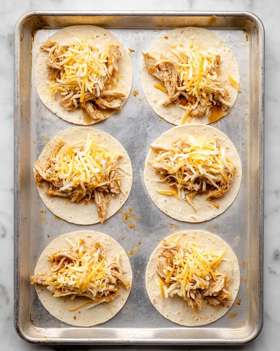 The image shows three white dishes on a white marbled surface. The top right dish is a bowl filled with shredded chicken coated in a reddish-brown sauce. To the left of this bowl, there is a white plate with a neat stack of plain, round corn tortillas. Below these is another white plate heaped with shredded orange and white cheese. The textures show soft tortillas, saucy stringy chicken, and fine shreds of cheese, arranged neatly in their dishes. photo taken with an iphone --ar 4:5 --v 7
