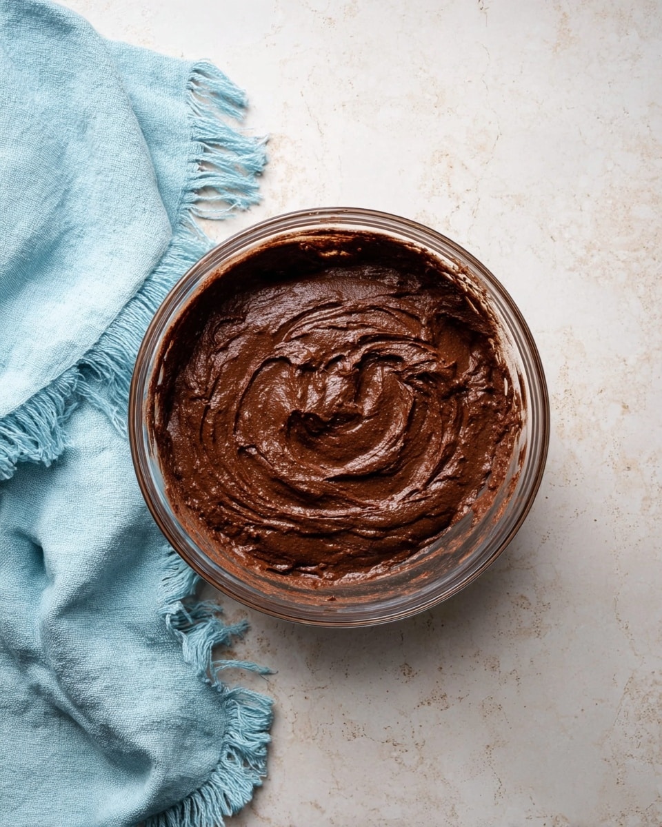 A clear glass bowl filled with thick, smooth dark brown chocolate batter with some swirls on top, sitting on a white marbled surface. To the left side of the bowl, there is a light blue cloth with fringed edges that is softly folded. The bowl is centered in the image and the focus is on the rich texture of the batter inside. photo taken with an iphone --ar 4:5 --v 7