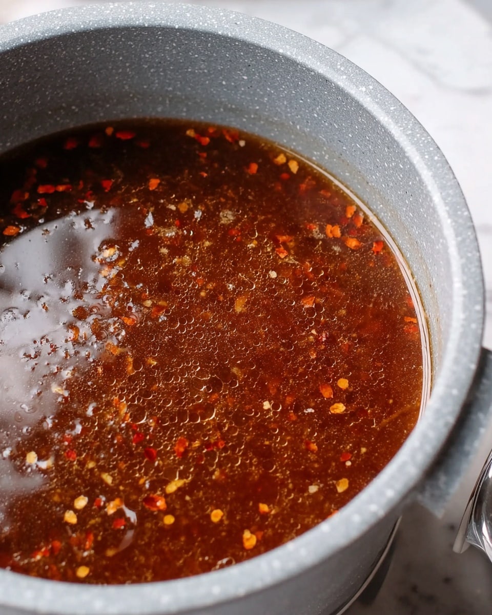 A close-up view of a large gray speckled pot filled with dark brown broth that has small red and orange spice flakes floating on the surface. The liquid inside has light reflections and tiny bubbles, giving it a rich and textured look. The pot sits on a white marbled surface with part of a gray utensil handle visible on the right. Photo taken with an iphone --ar 4:5 --v 7