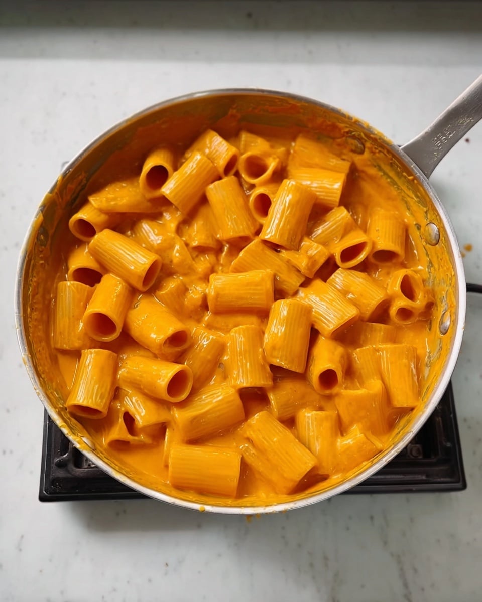 A metal pan filled with a single layer of large, tube-shaped pasta pieces fully covered in a thick, smooth orange sauce. The sauce clings to the pasta, giving a creamy appearance with a slightly shiny texture. The pan sits on a small stove over a white marbled surface, and the edges of the pan show some sauce residue. photo taken with an iphone --ar 4:5 --v 7