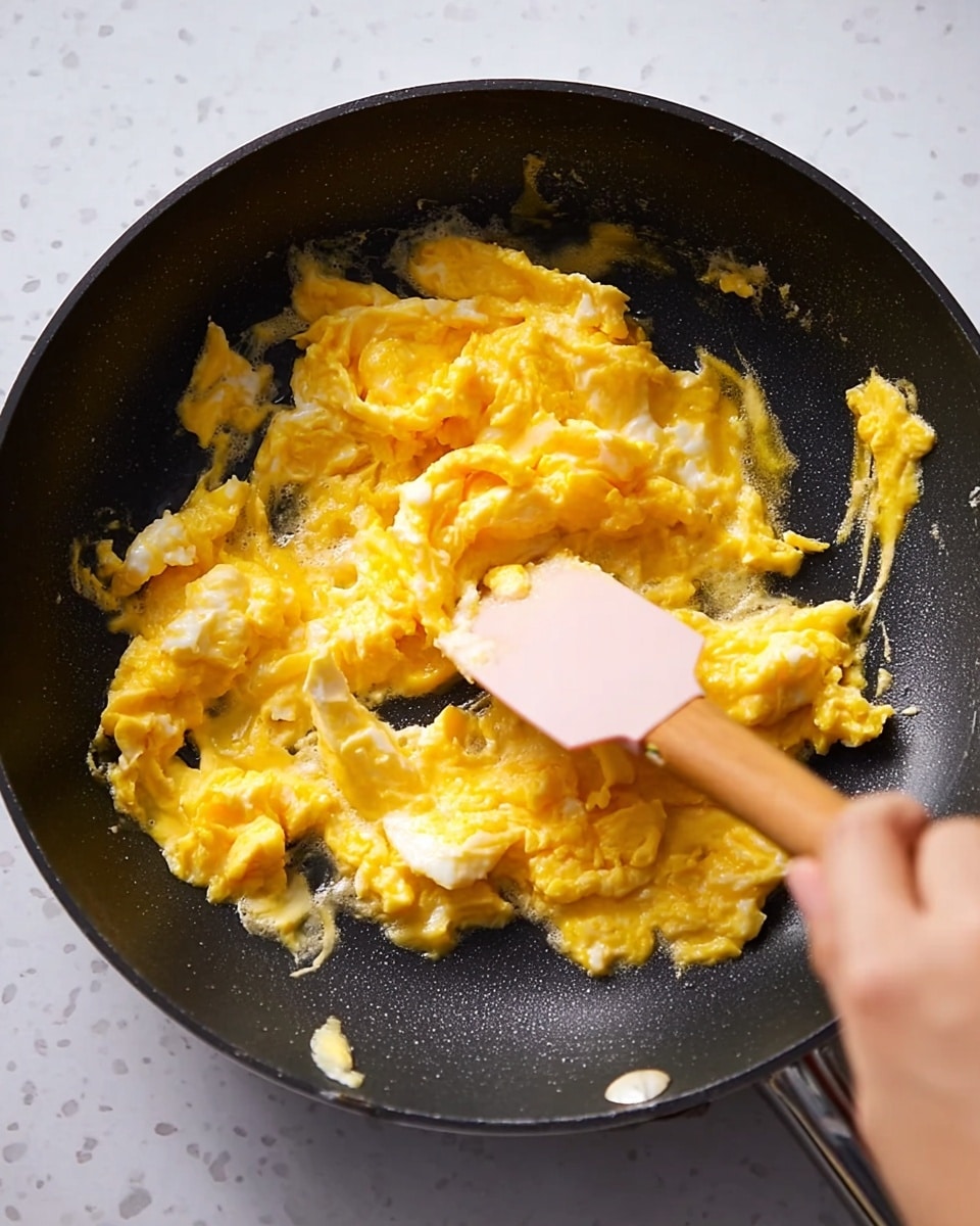 A close-up of scrambled eggs cooking in a black pan, showing a few small layers of soft, bright yellow and white eggs spread unevenly in the pan's center and edges. A woman's hand holds a spatula with a light pink silicone tip, gently stirring the eggs. The background is a white marbled surface. photo taken with an iphone --ar 4:5 --v 7