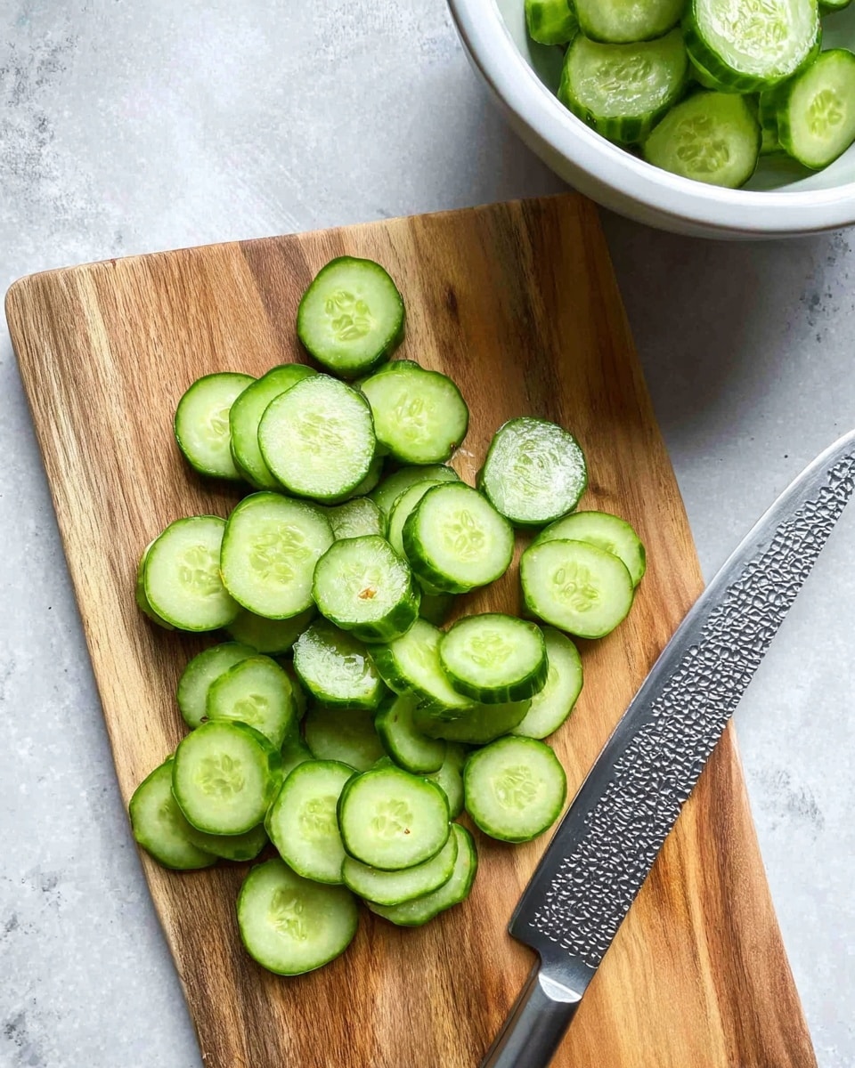 The image shows a wooden cutting board with many round slices of fresh cucumber scattered across it, each slice displaying a light green interior with visible seeds and a darker green skin. On the top right side of the board rests a textured silver knife with a hammered pattern. Above the cutting board is a white bowl filled with more sliced cucumbers, partially visible. The whole setup is on a white marbled textured surface. photo taken with an iphone --ar 4:5 --v 7
