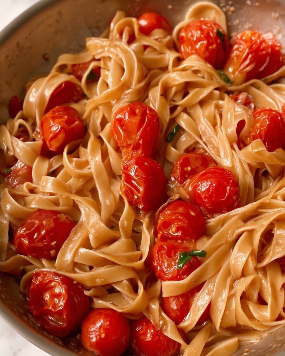 This image shows a close-up of a pasta dish with a single layer of light brown fettuccine noodles mixed with multiple whole red cherry tomatoes that are slightly soft and wrinkled. The noodles are smooth and twisted around the tomatoes, creating a mix of creamy beige and bright red colors. The dish is on a white marbled surface, and the light reflects gently on the pasta and tomatoes, showing their moist texture. photo taken with an iphone --ar 4:5 --v 7