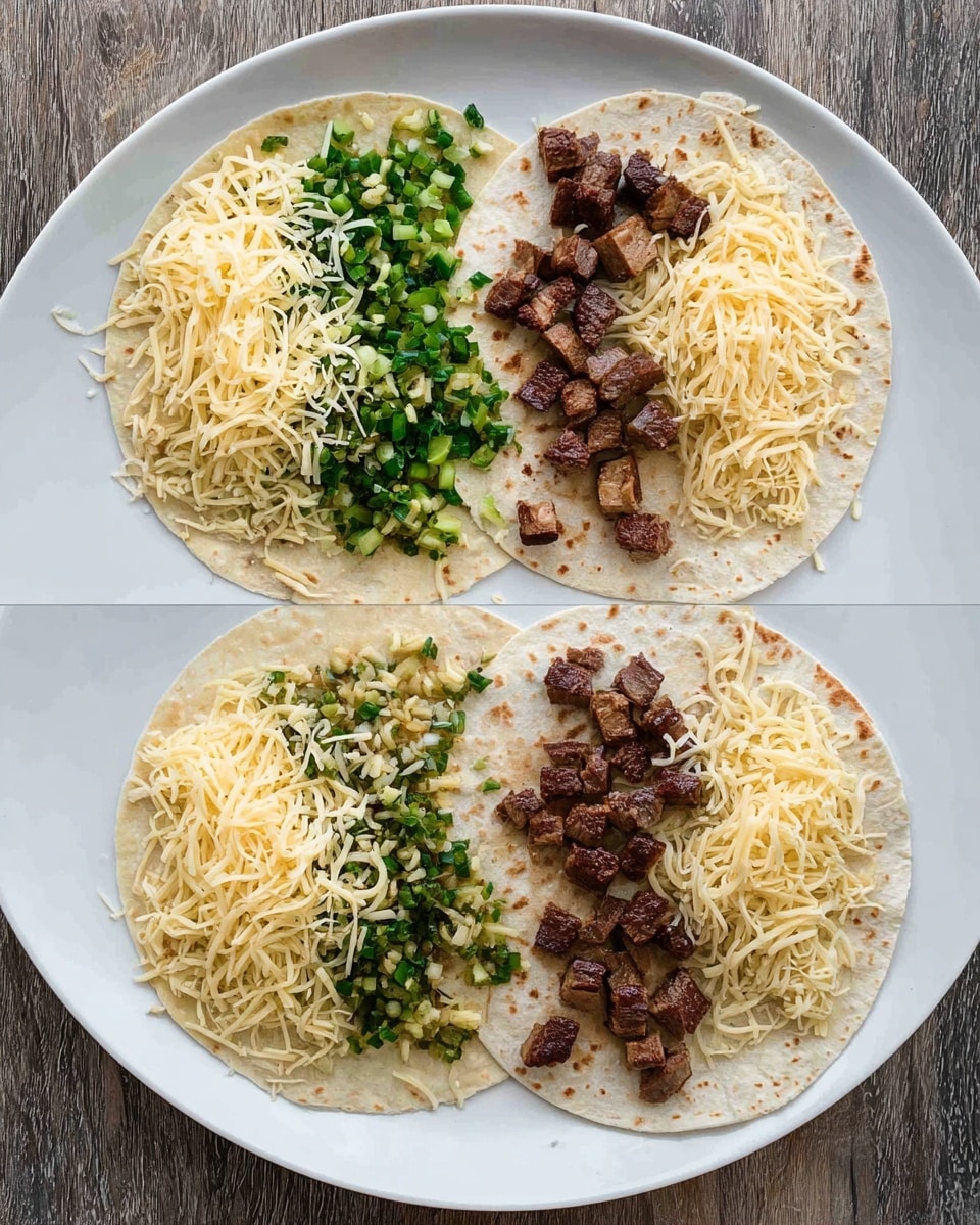 A white plate with a light brown tortilla as the base fills half the plate with a even layer of pale yellow shredded cheese on the bottom half. On top of the cheese, there is a mix of chopped green and light yellow cooked vegetables spread evenly across the same half. Over the vegetables, dark brown, small cubed pieces of cooked meat cover the lower half of the tortilla. Finally, more pale yellow shredded cheese is sprinkled on top of the meat, covering it fully. The plate is on a white marbled surface. photo taken with an iphone --ar 4:5 --v 7