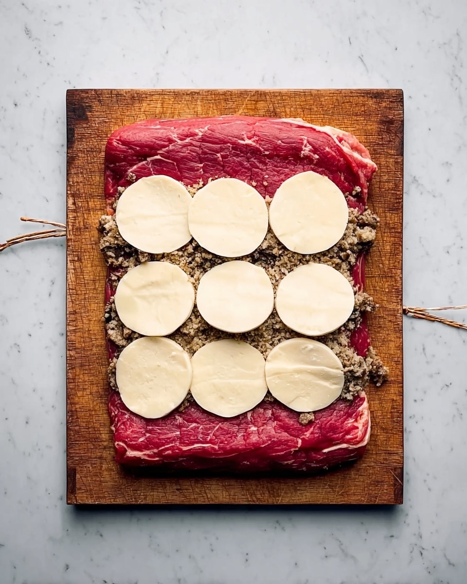 A large piece of raw red meat laid flat on a wooden board with visible light veins of fat running through it. On top, there is a layer of finely chopped brown mushrooms spread evenly across the center. Above the mushroom layer, six round slices of pale white cheese are placed in two rows of three, covering most of the mushroom layer. The wooden board is set against a white marbled surface, and strings are tied around the meat's edges to hold it flat. photo taken with an iphone --ar 4:5 --v 7